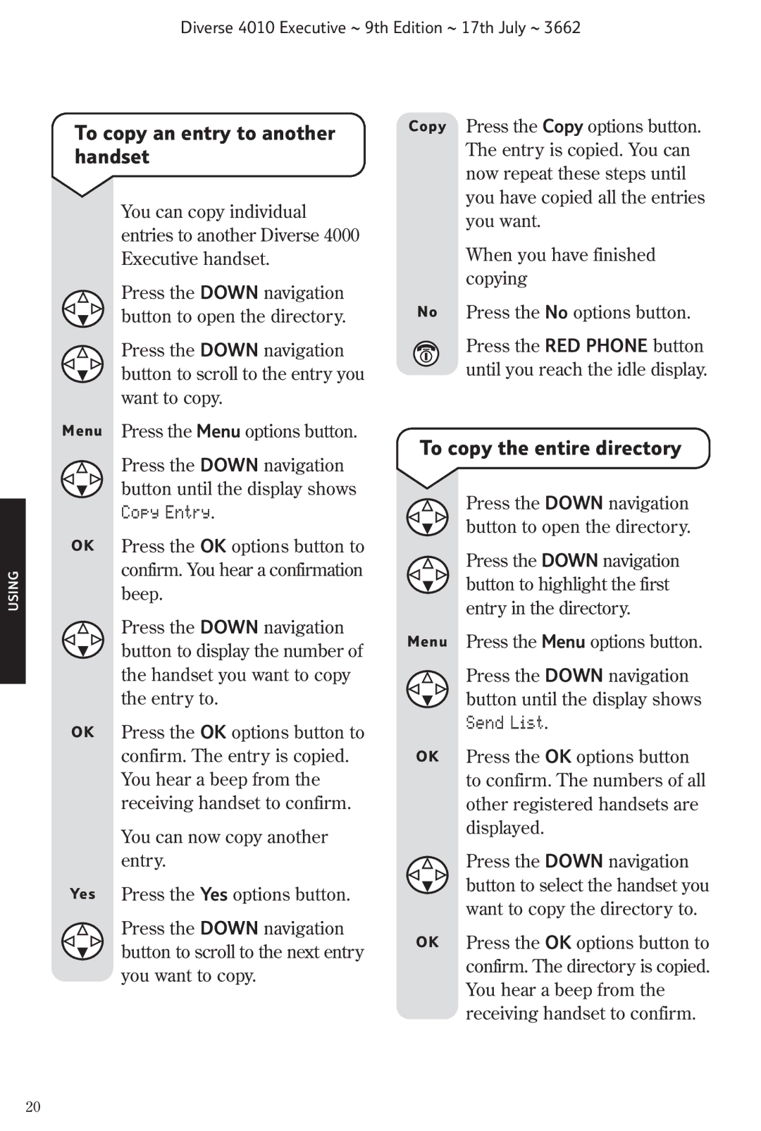 BT 4010 Executive manual To copy an entry to another handset, To copy the entire directory, Copy Entry 