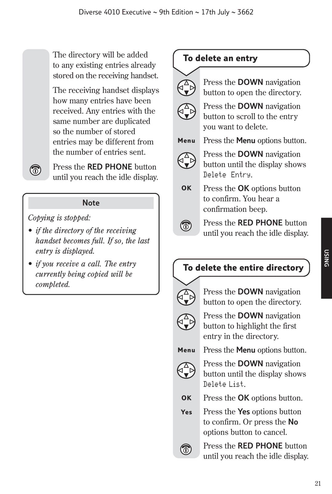 BT 4010 Executive manual To delete an entry, To delete the entire directory 