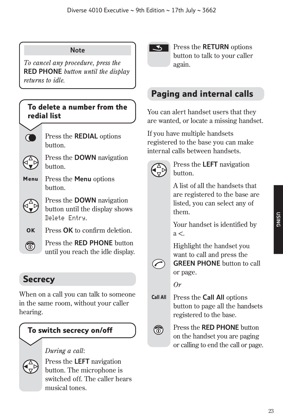 BT 4010 Executive Secrecy, Paging and internal calls, To delete a number from the redial list, To switch secrecy on/off 