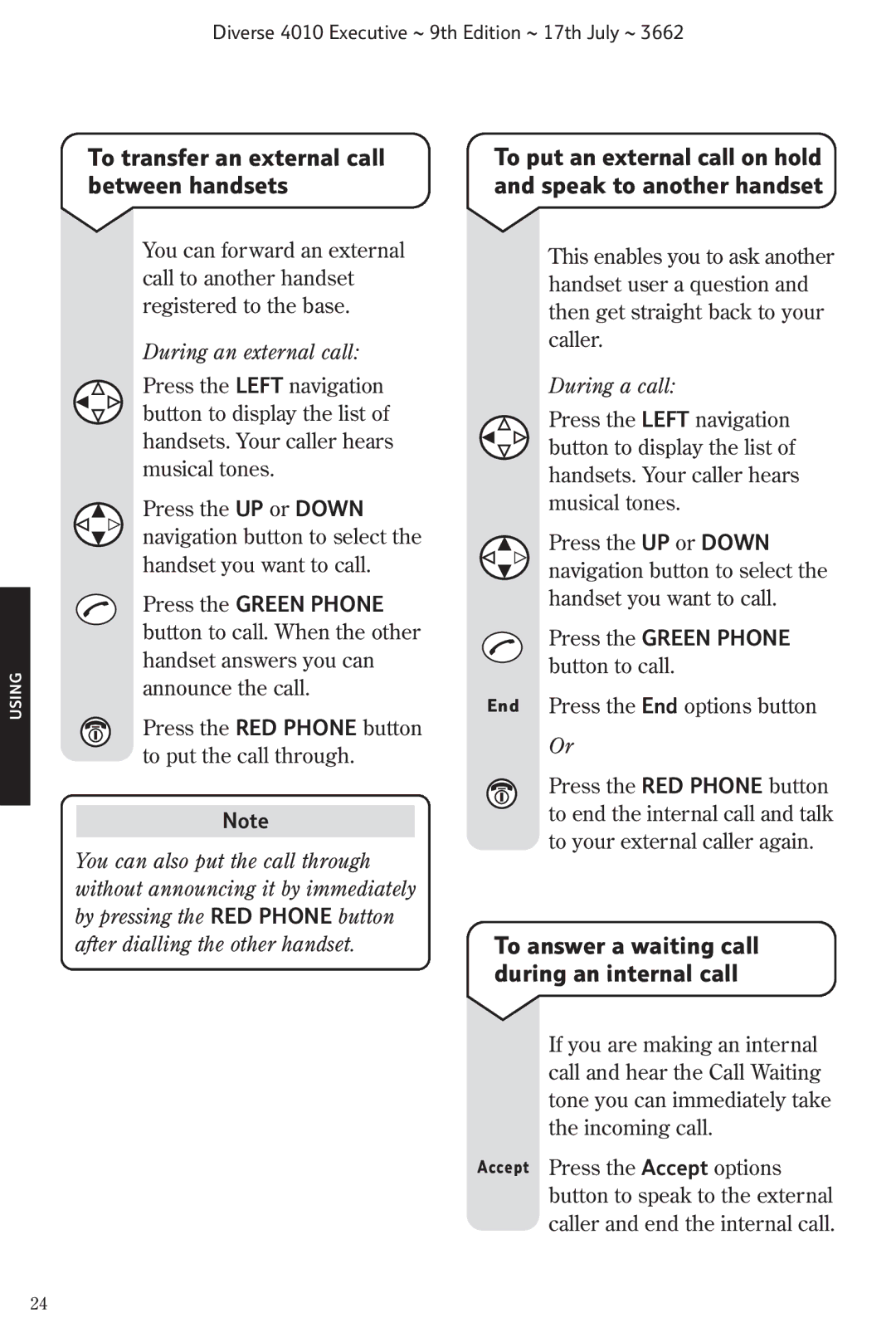 BT 4010 Executive manual To transfer an external call between handsets, To answer a waiting call during an internal call 