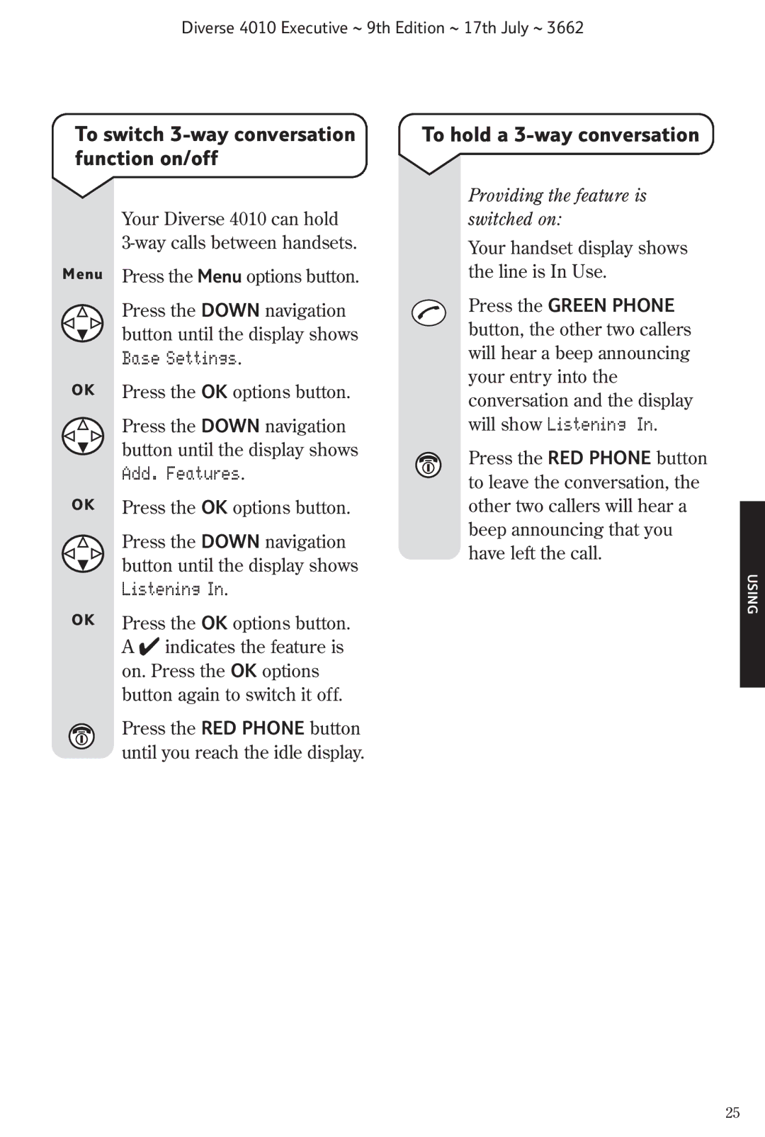 BT 4010 Executive To switch 3-way conversation function on/off, To hold a 3-way conversation, Base Settings, Add. Features 