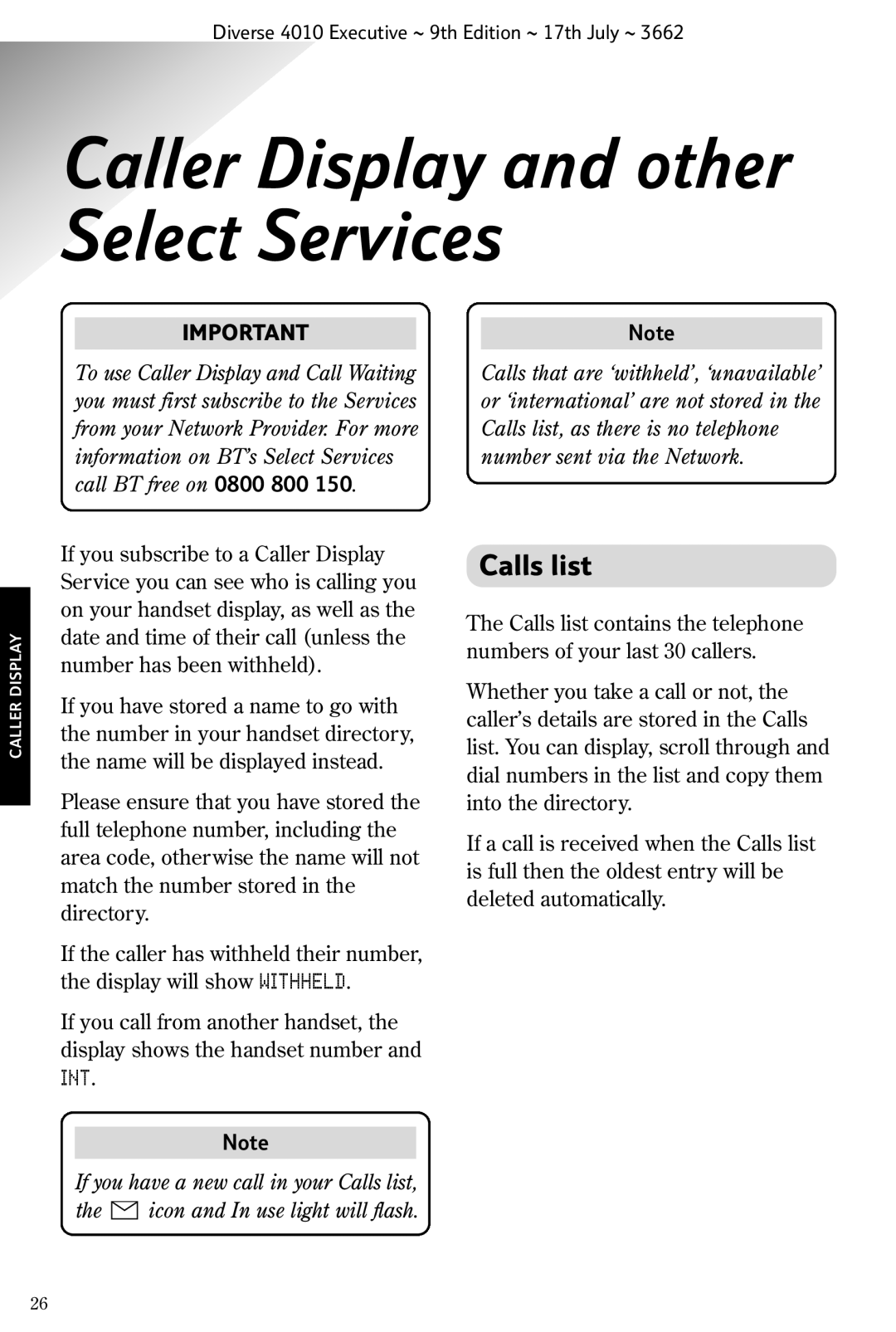 BT 4010 Executive manual Caller Display and other Select Services, Calls list 