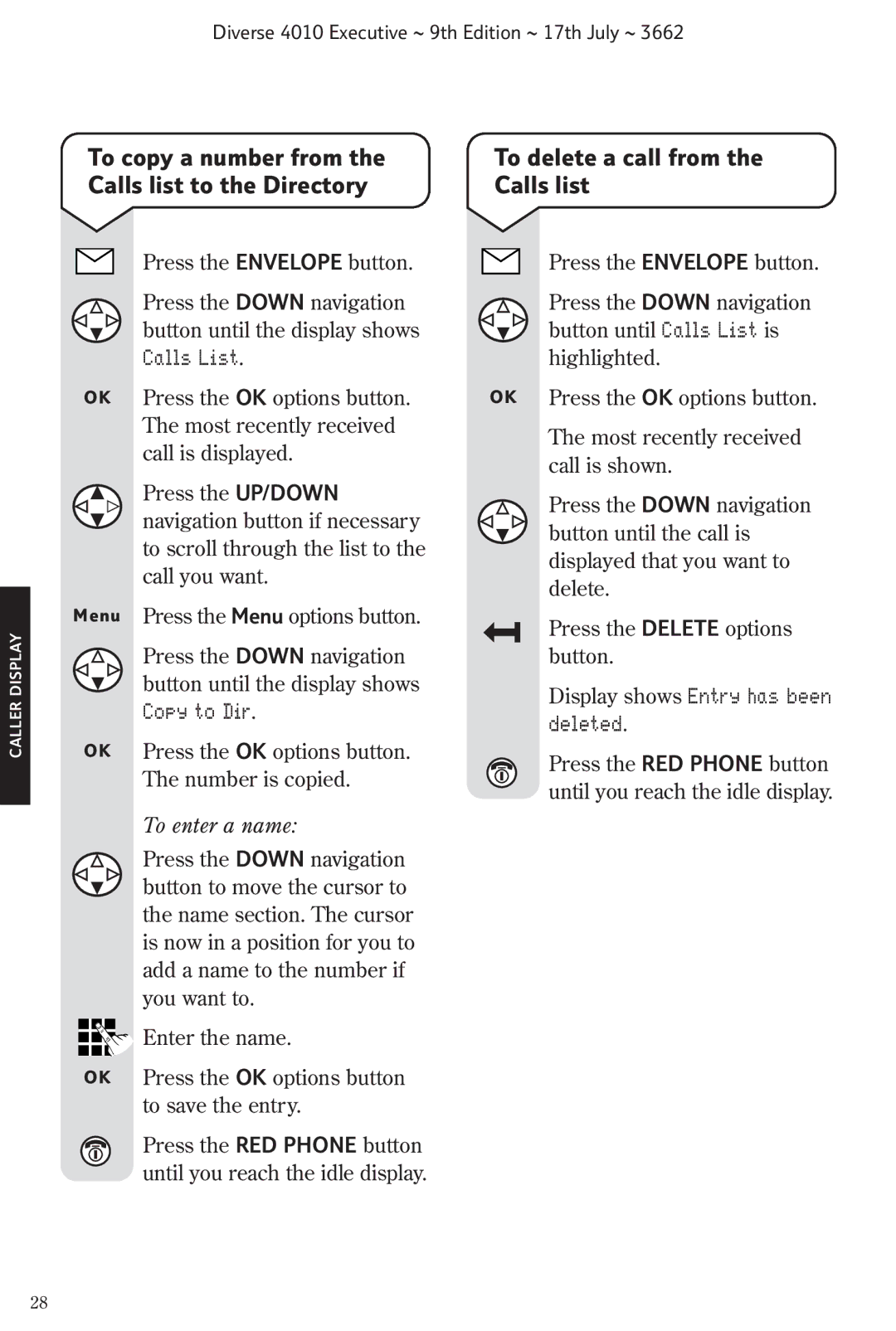 BT 4010 Executive manual To copy a number from the Calls list to the Directory, To delete a call from the Calls list 