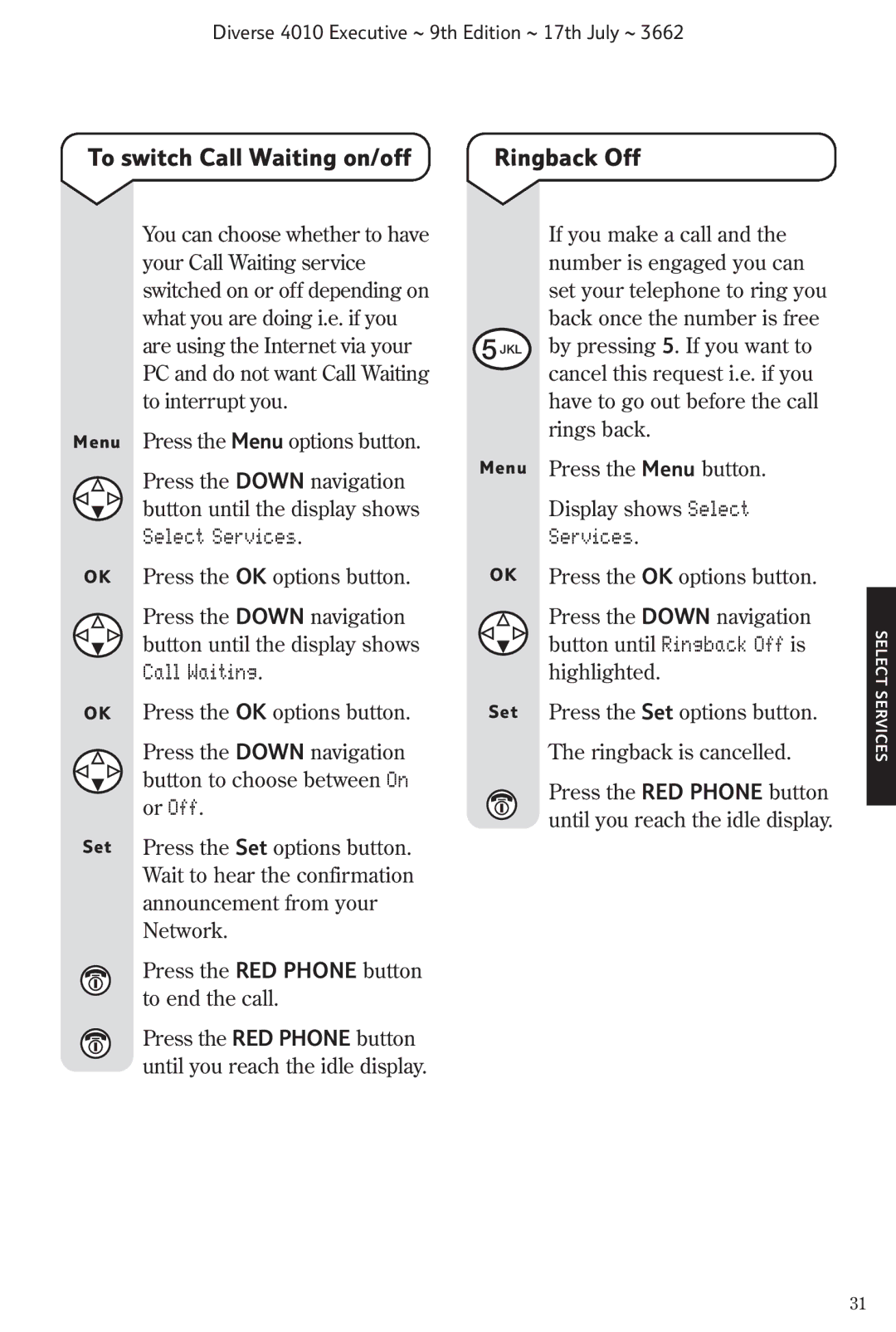 BT 4010 Executive manual To switch Call Waiting on/off, Ringback Off, Services 