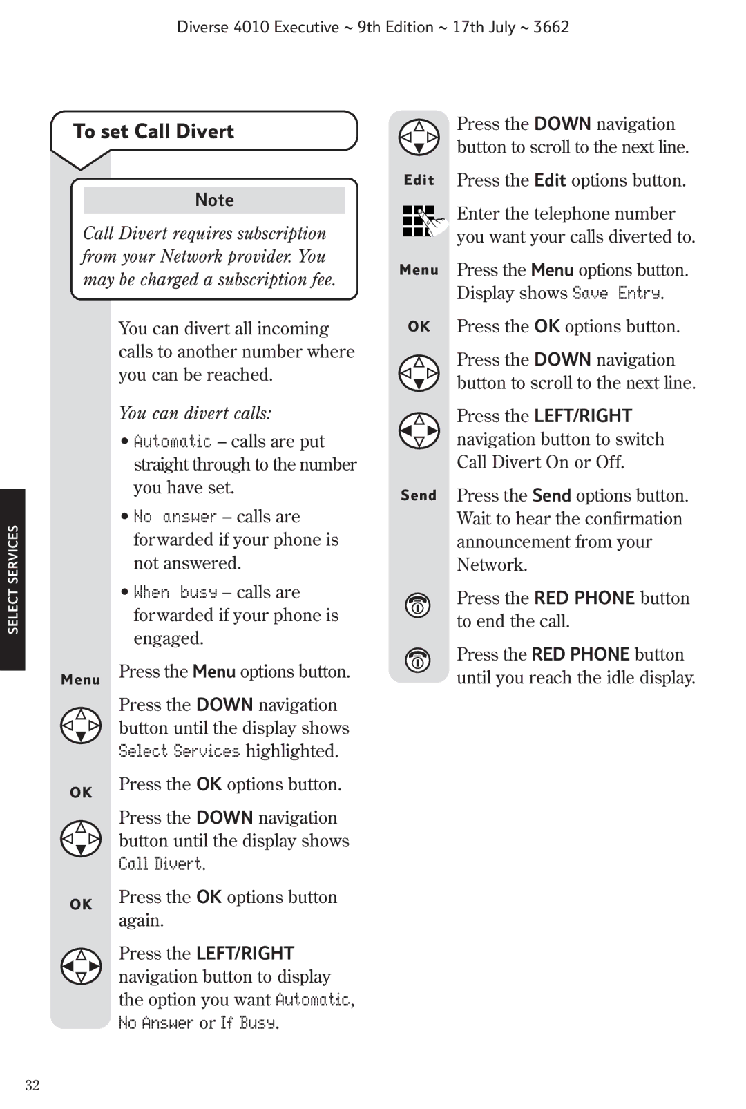 BT 4010 Executive manual To set Call Divert, Select Services highlighted, No Answer or If Busy, You can divert calls 