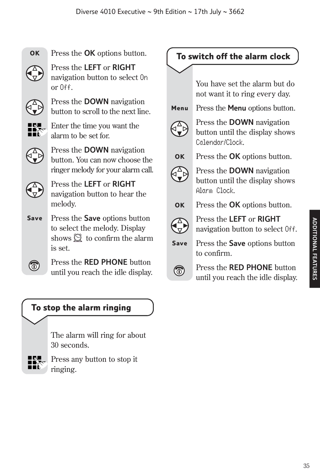 BT 4010 Executive manual To stop the alarm ringing, To switch off the alarm clock 