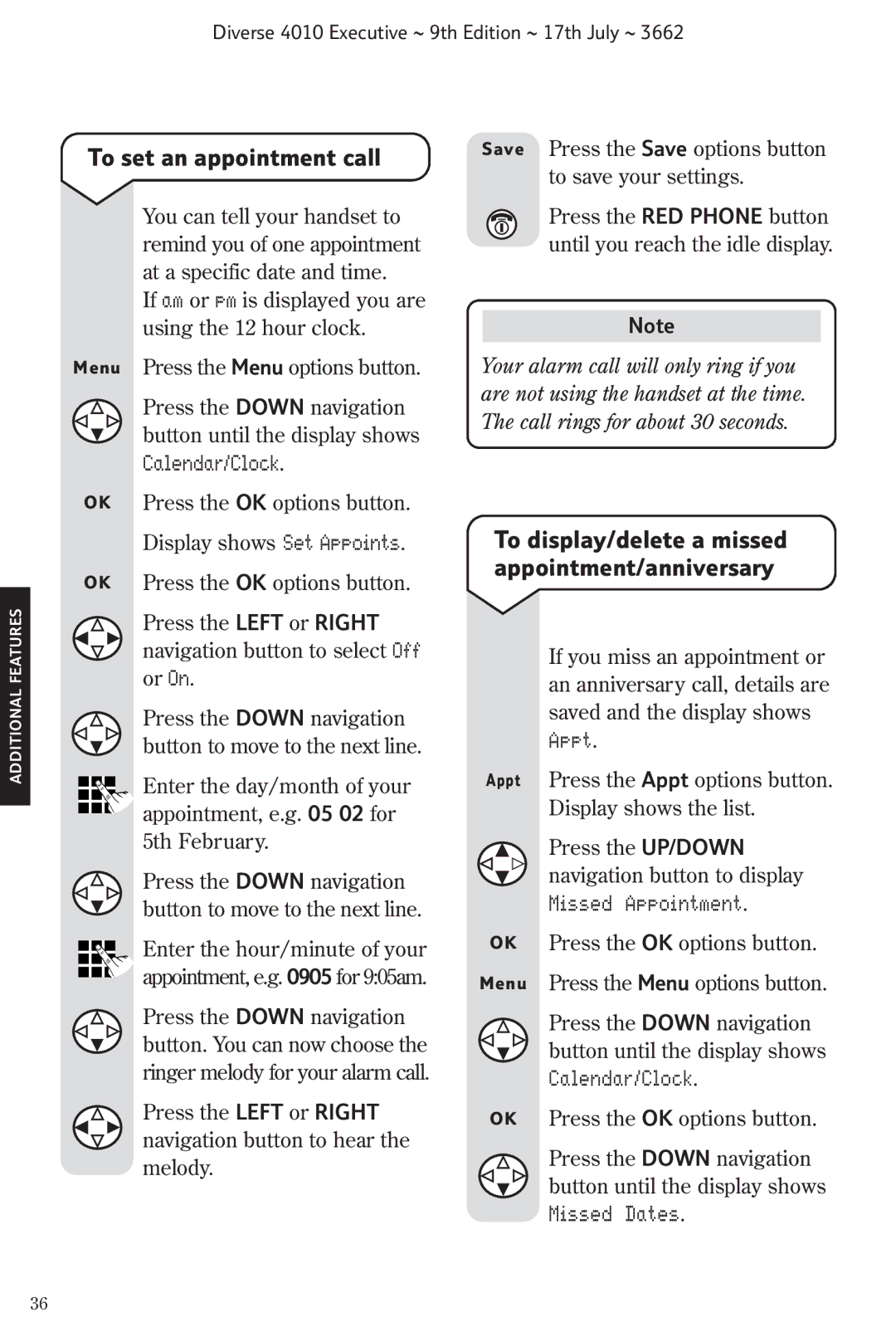 BT 4010 Executive manual To set an appointment call, To display/delete a missed appointment/anniversary 