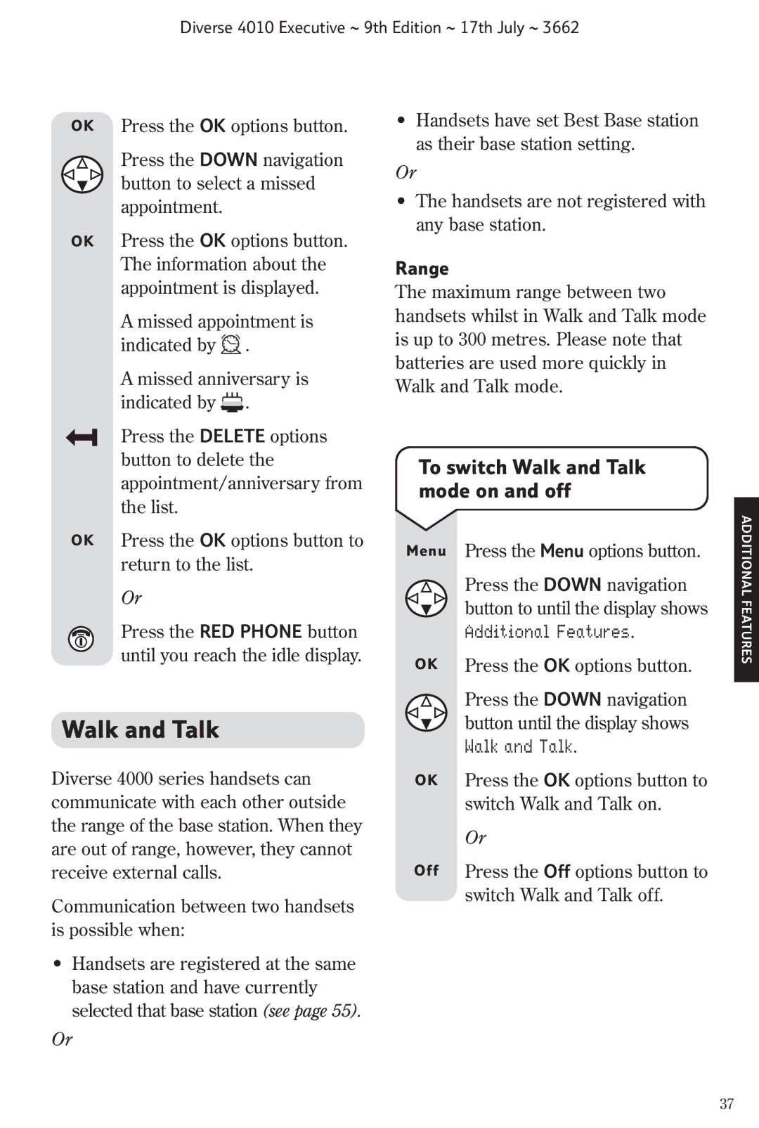 BT 4010 Executive manual To switch Walk and Talk mode on and off, Range 