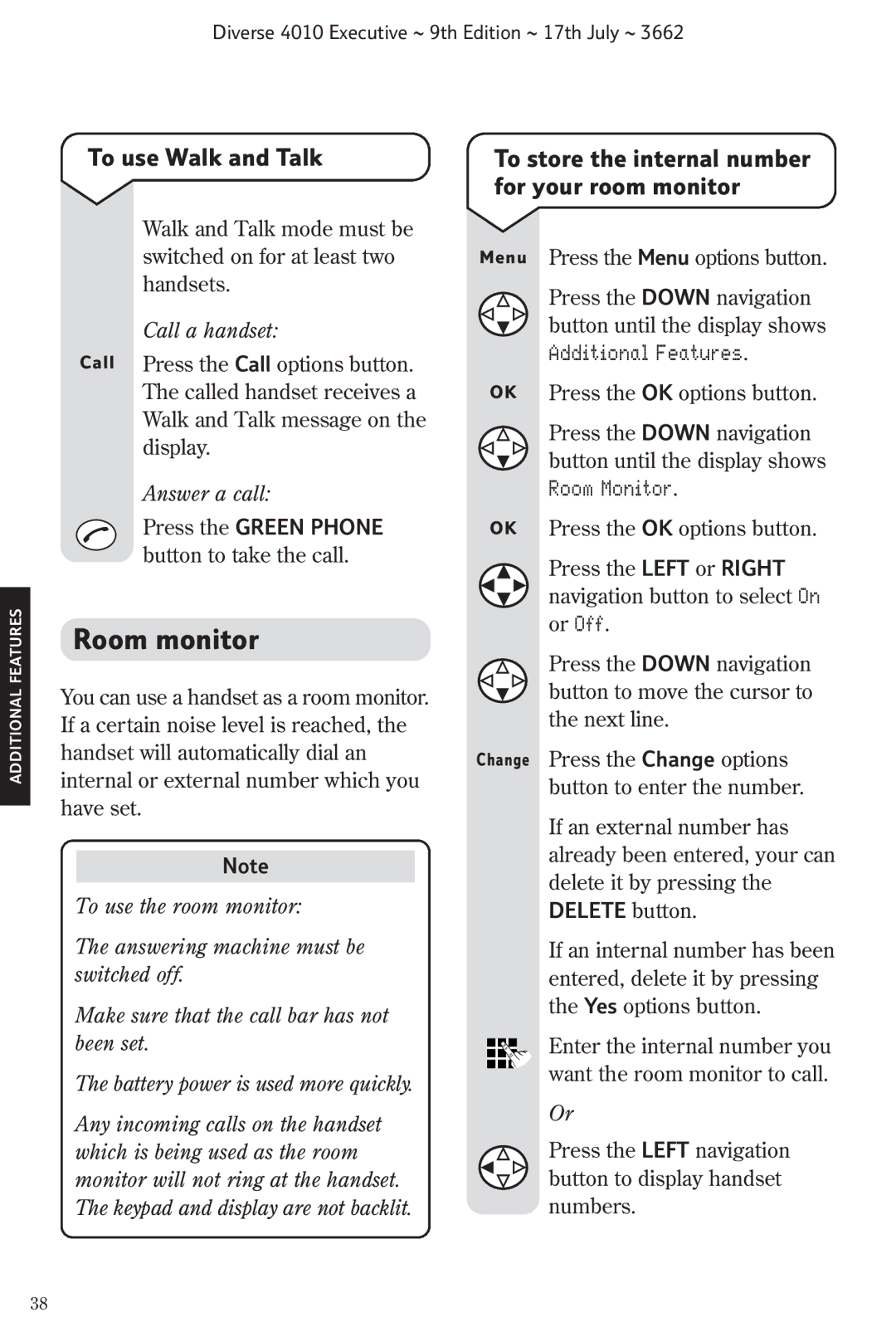 BT 4010 Executive manual Room monitor, To use Walk and Talk, Call a handset, Answer a call 