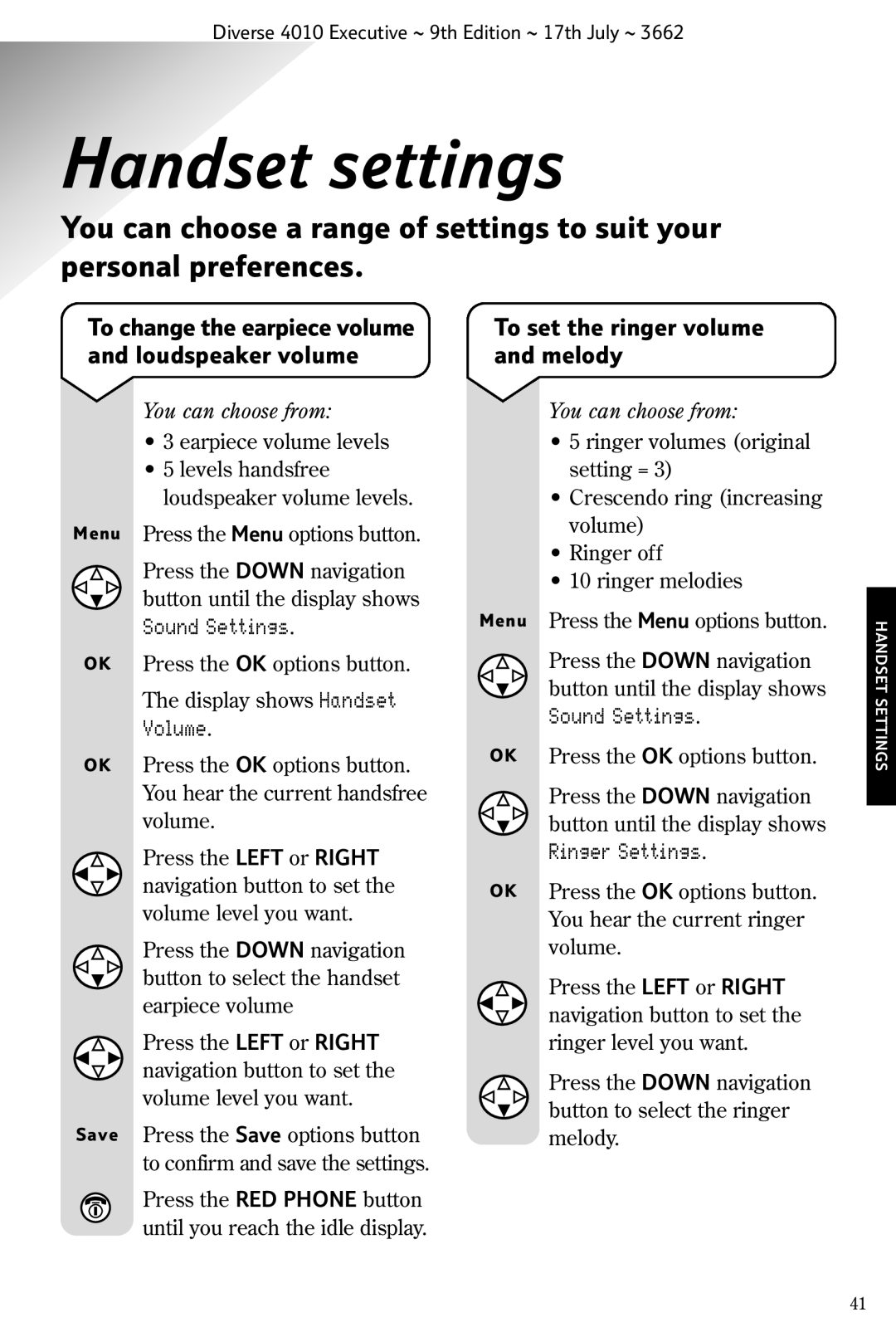 BT 4010 Executive manual Handset settings, To set the ringer volume and melody, Volume, You can choose from 