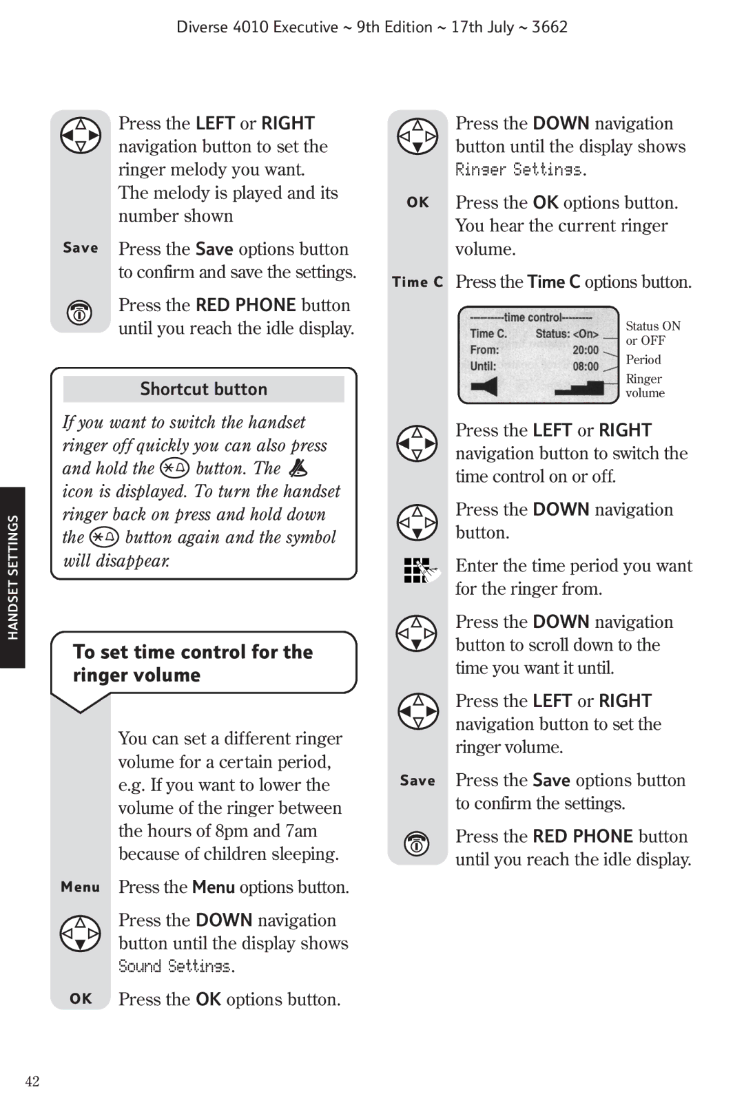 BT 4010 Executive manual To set time control for the ringer volume, Shortcut button 