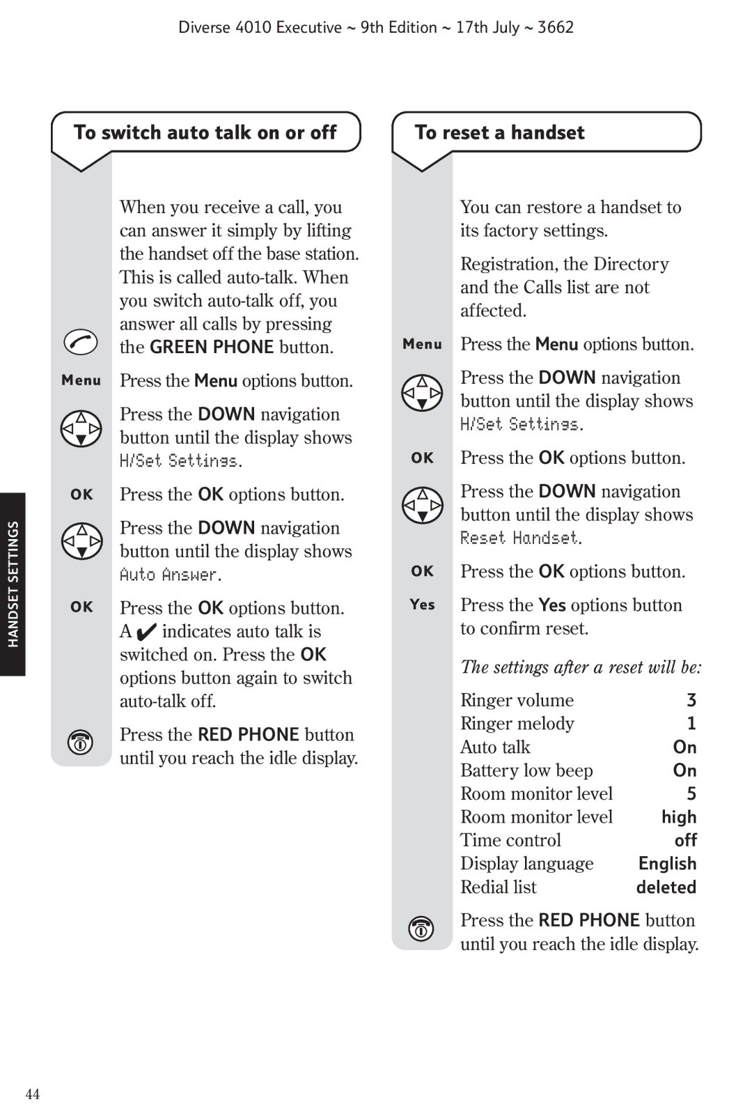 BT 4010 Executive manual To switch auto talk on or off, To reset a handset, Settings after a reset will be, High, Off 