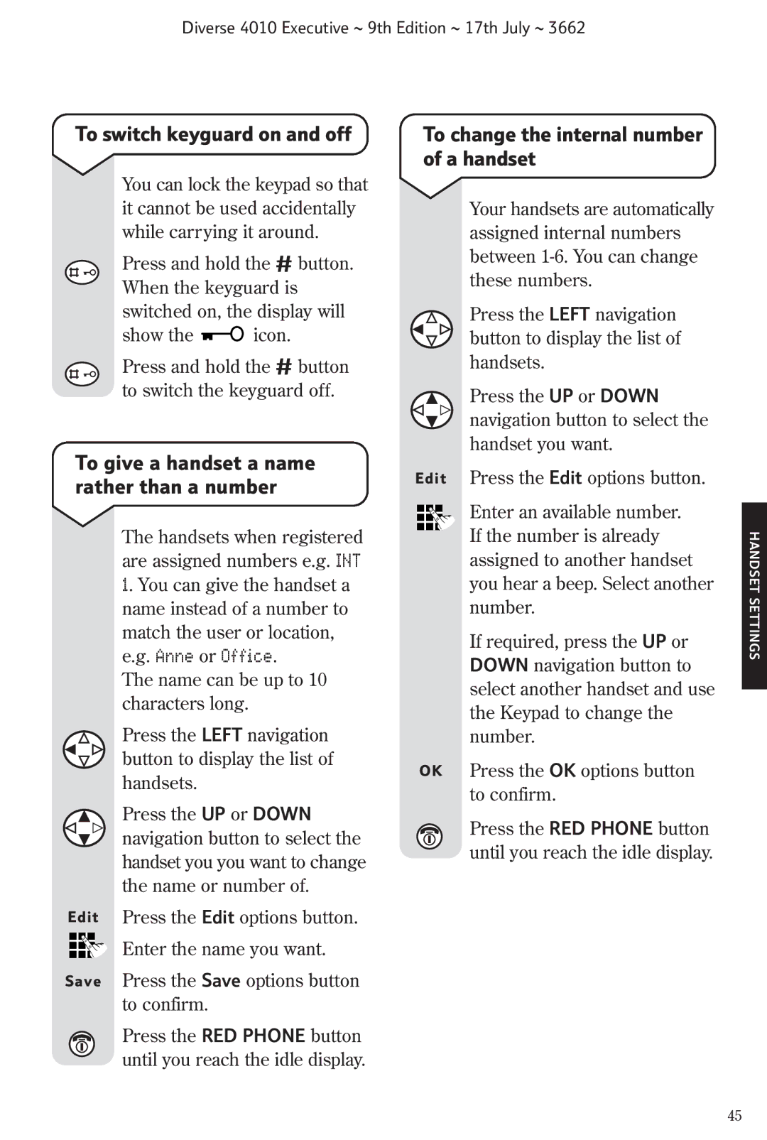 BT 4010 Executive manual To switch keyguard on and off, To change the internal number of a handset 