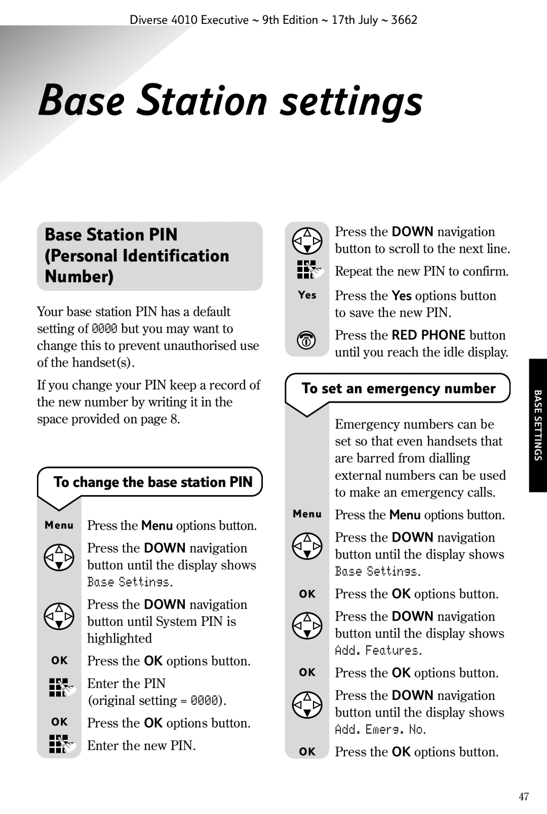 BT 4010 Executive Base Station settings, Base Station PIN Personal Identification Number, To change the base station PIN 