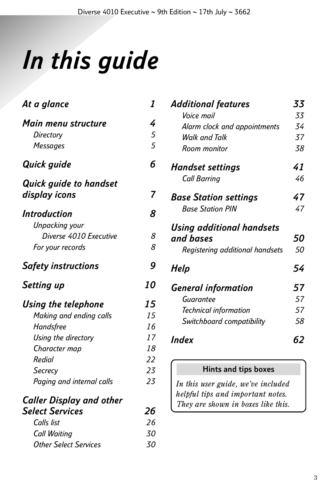 BT 4010 Executive manual This guide, Hints and tips boxes 