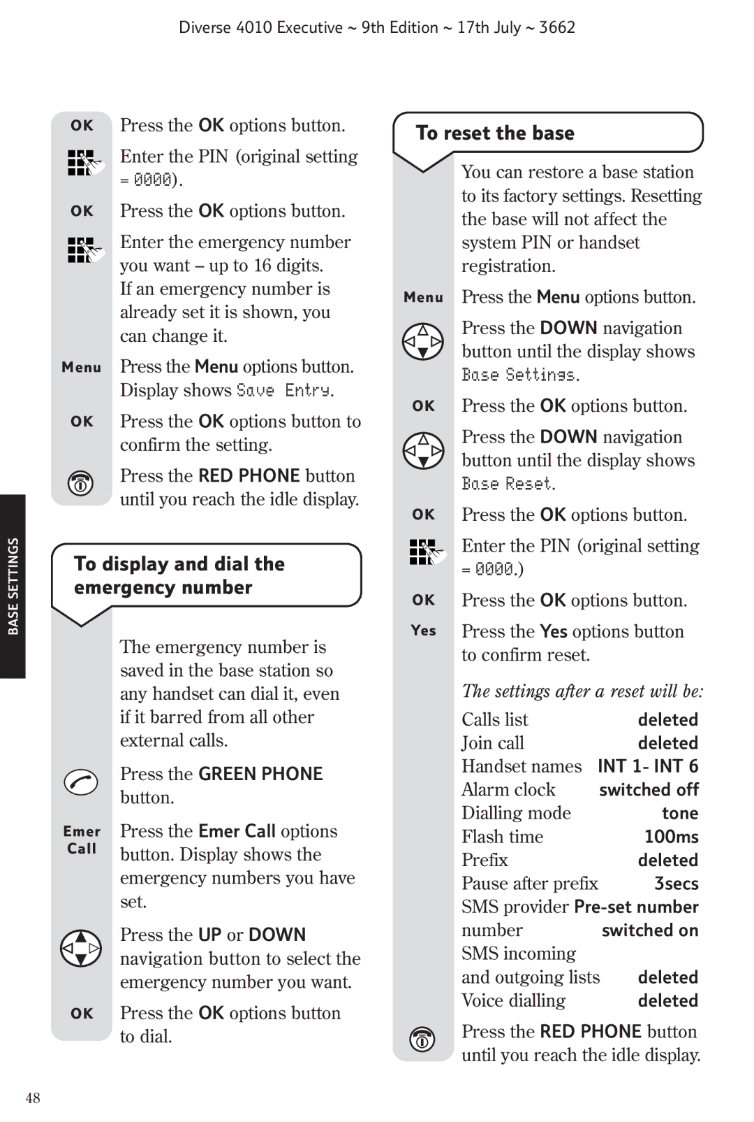 BT 4010 Executive manual To display and dial the emergency number, To reset the base, Base Reset 