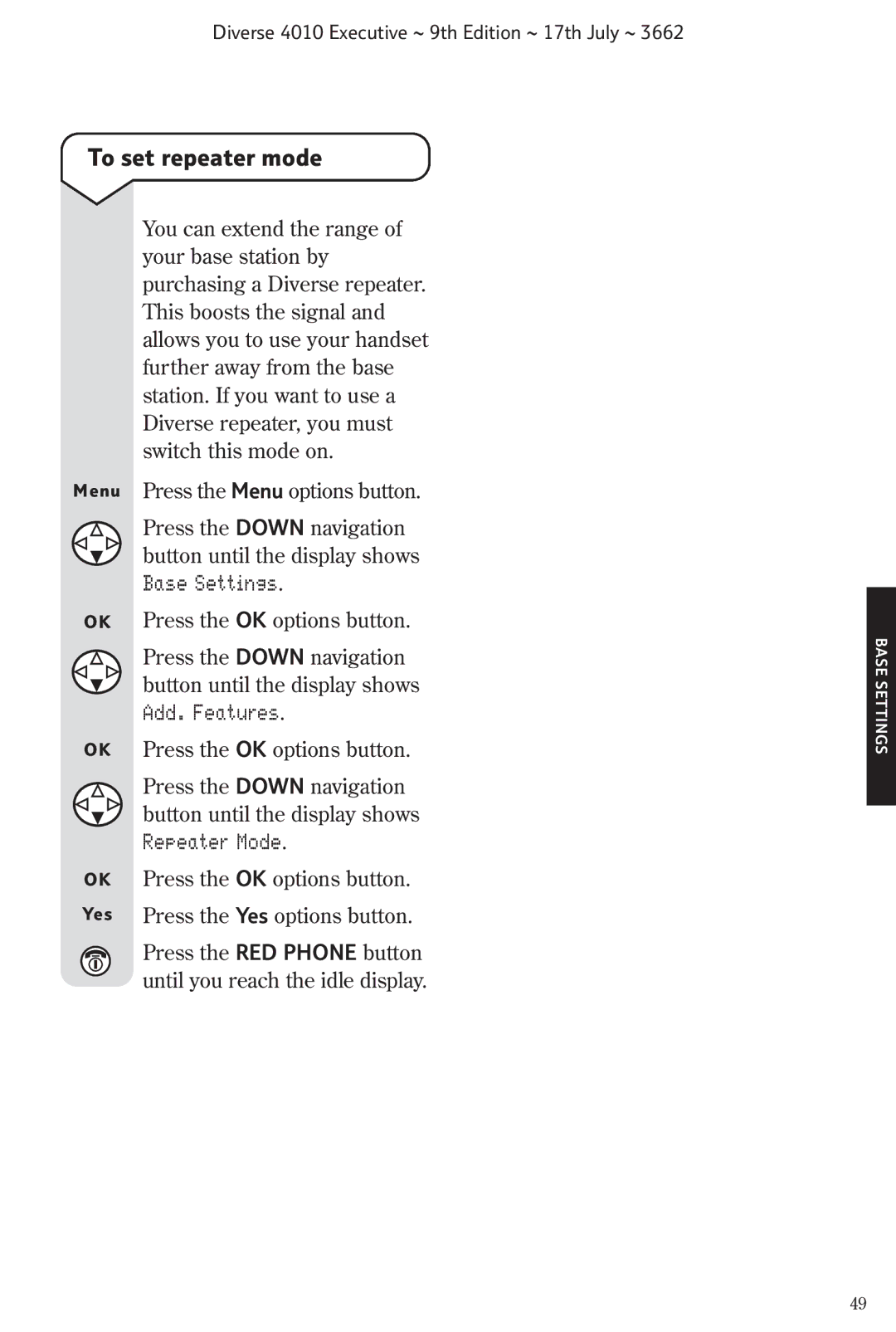 BT 4010 Executive manual To set repeater mode, Repeater Mode 