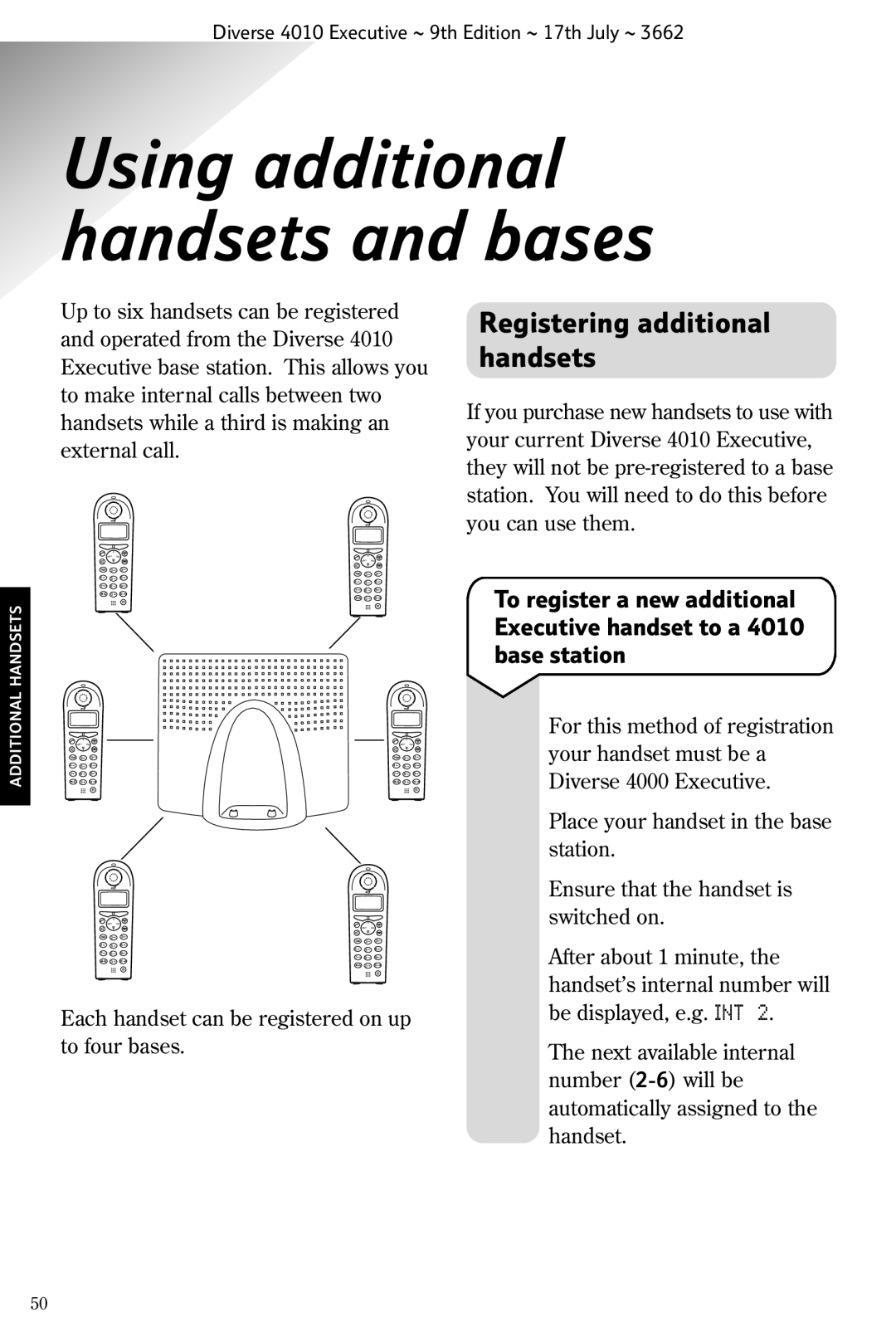 BT 4010 Executive manual Using additional handsets and bases, Registering additional handsets 