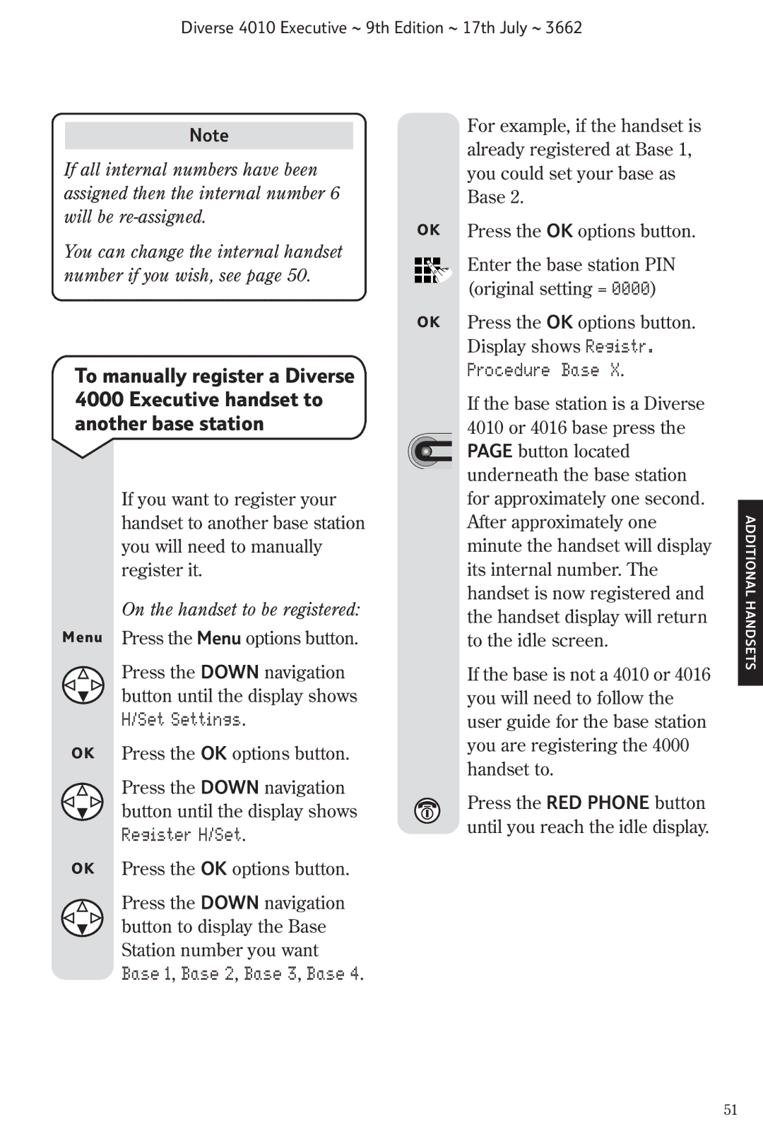 BT 4010 Executive manual Procedure Base, On the handset to be registered 