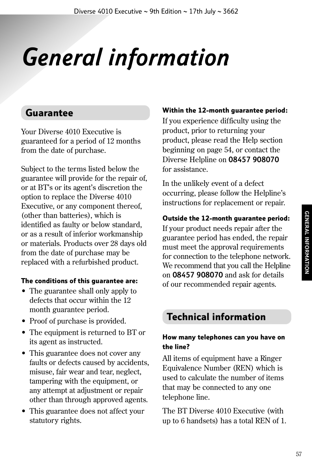 BT 4010 Executive manual General information, Guarantee, Technical information 