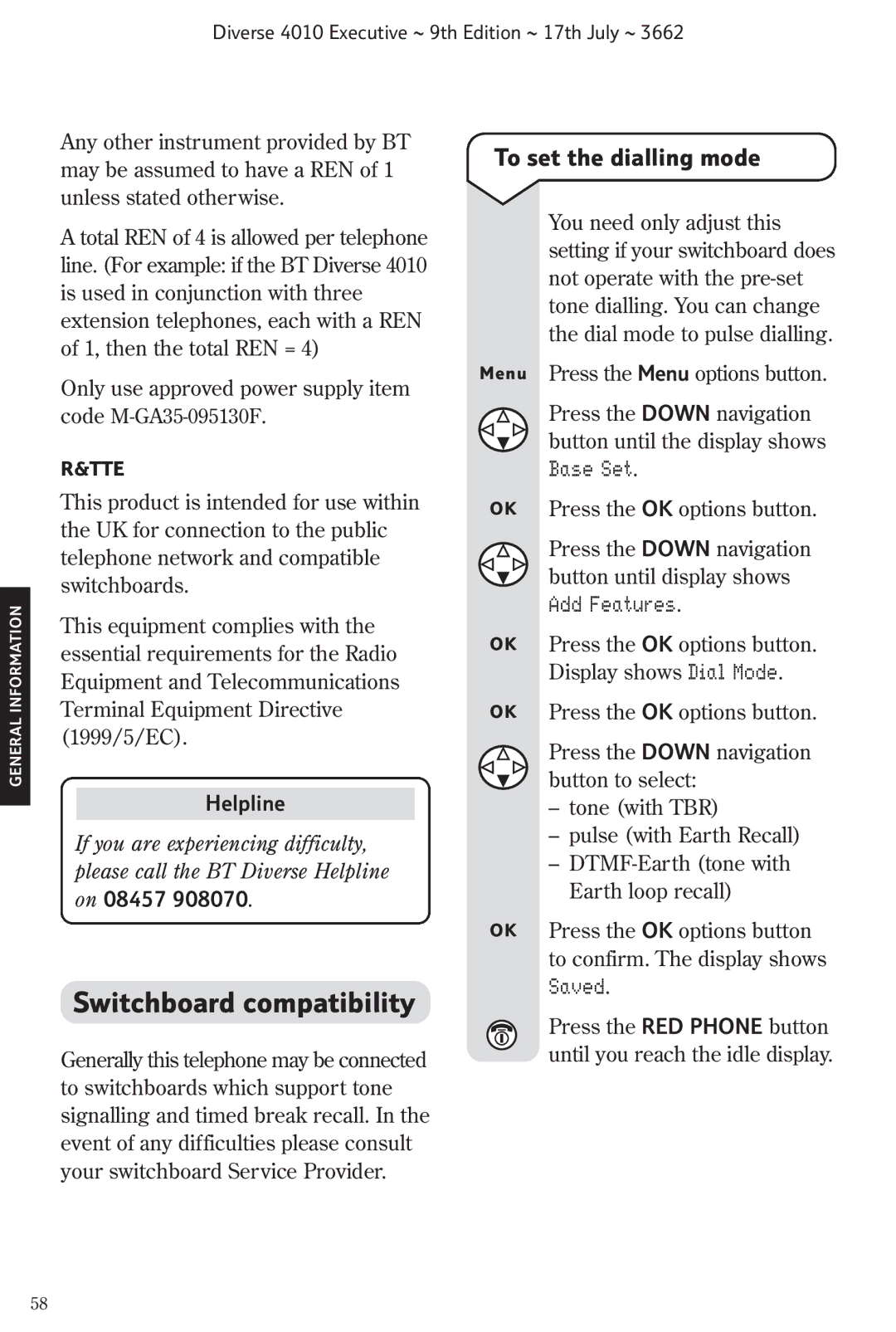 BT 4010 Executive manual Switchboard compatibility, To set the dialling mode, If you are experiencing difficulty, On 08457 