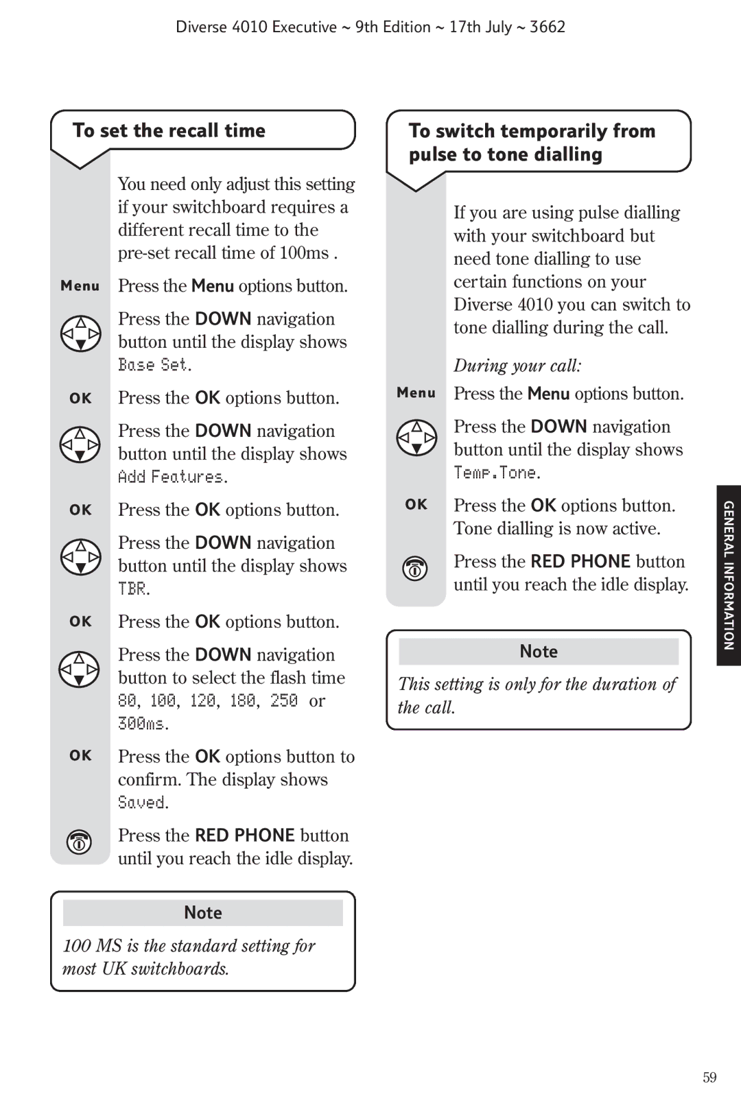 BT 4010 Executive manual To set the recall time, To switch temporarily from pulse to tone dialling, Temp.Tone 