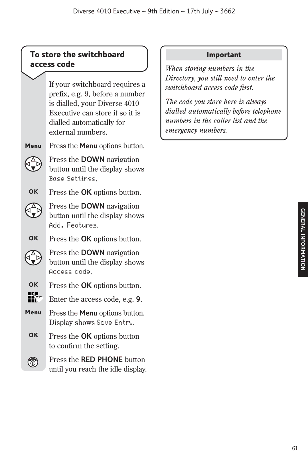 BT 4010 Executive manual To store the switchboard access code, Access code 