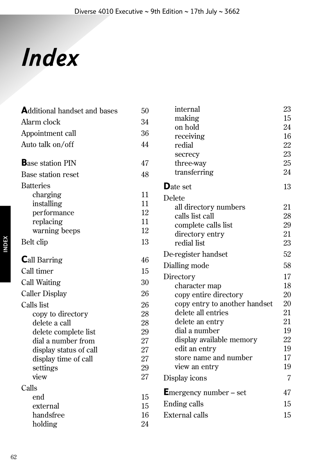 BT 4010 Executive manual Index 