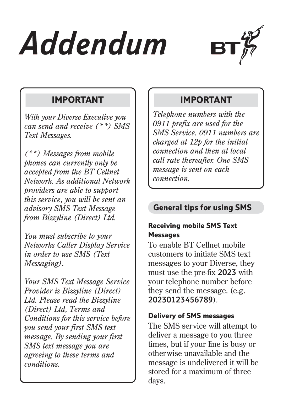 BT 4010 Executive manual Addendum 