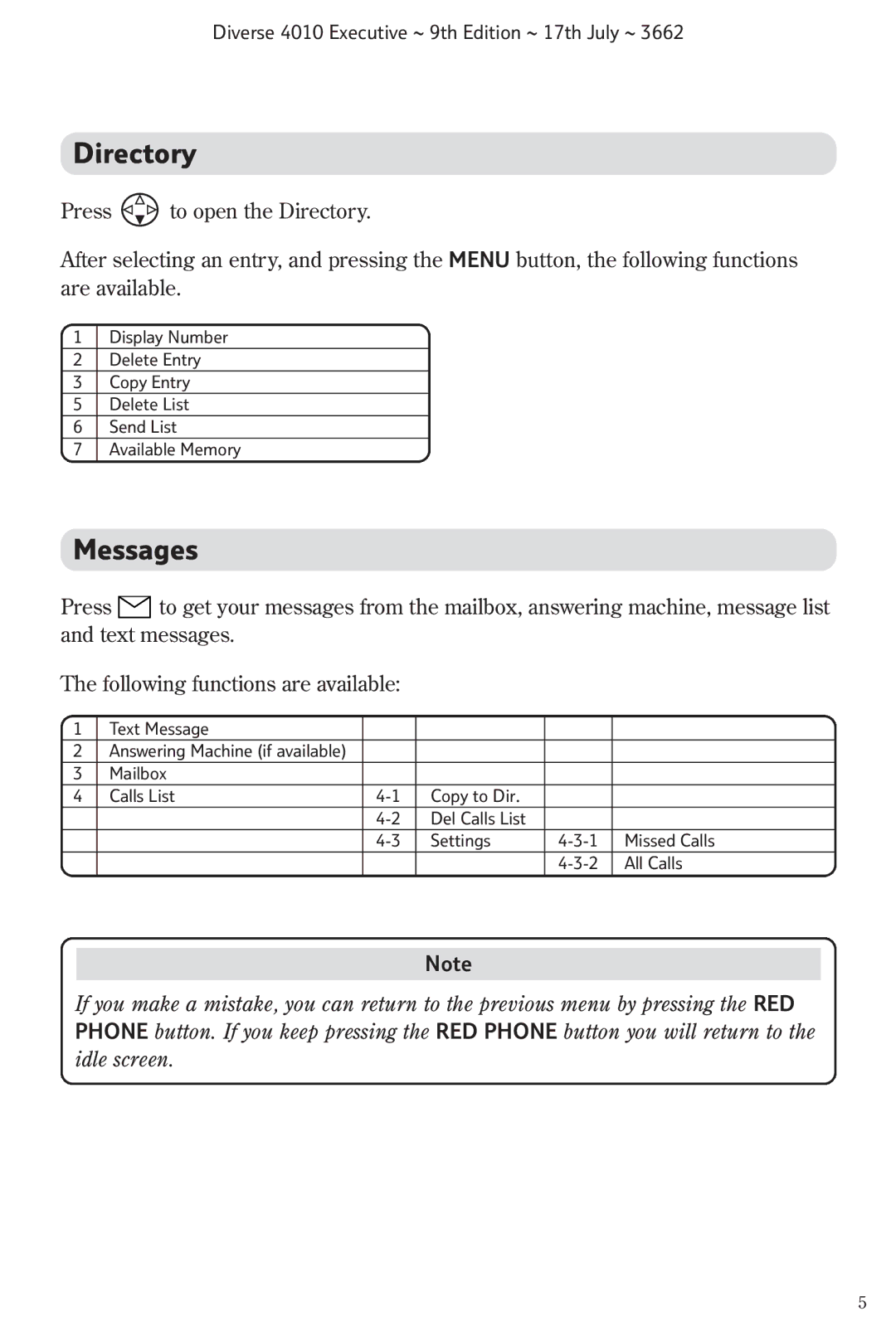 BT 4010 Executive manual Directory, Messages 