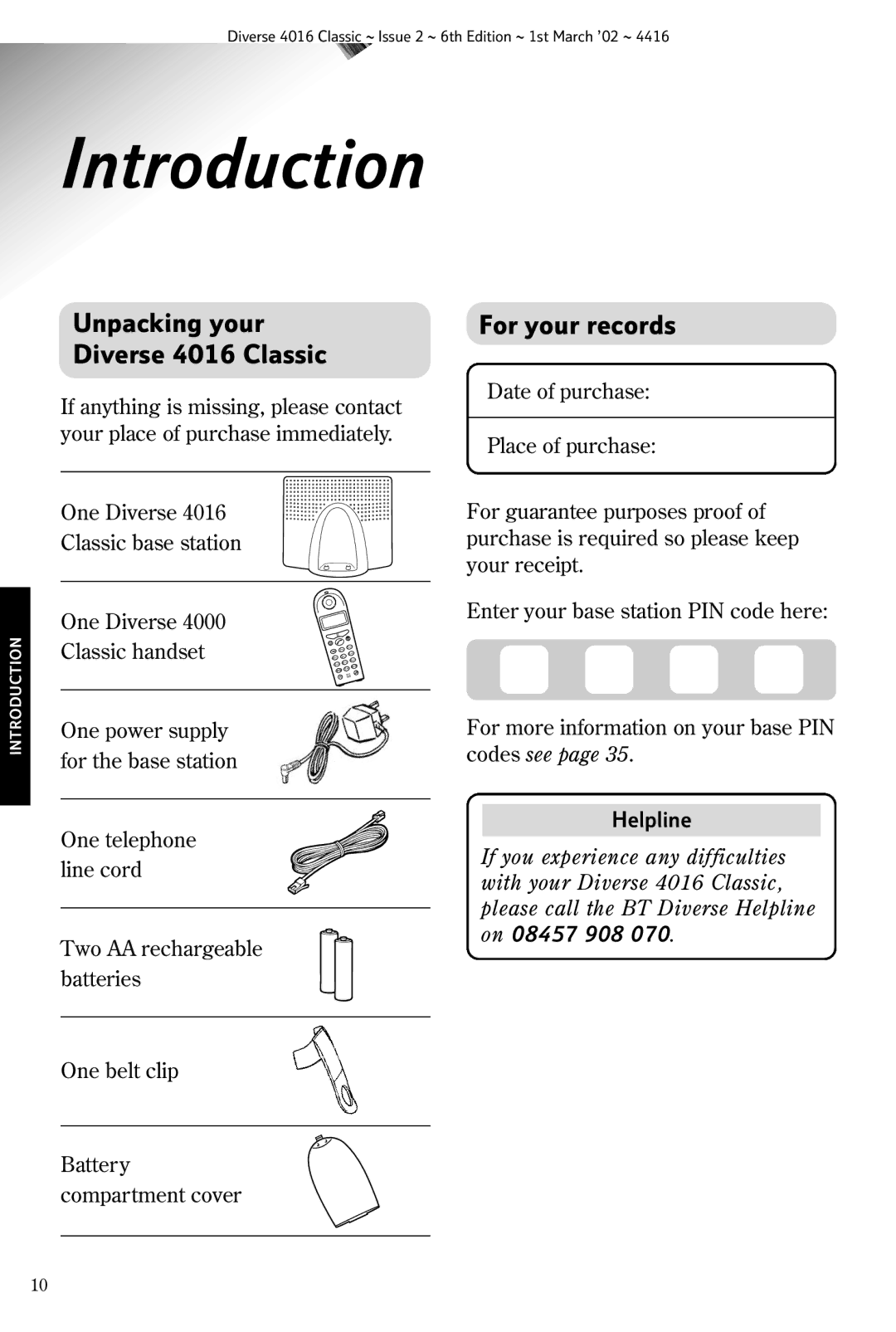 BT manual Introduction, Unpacking your Diverse 4016 Classic, For your records 