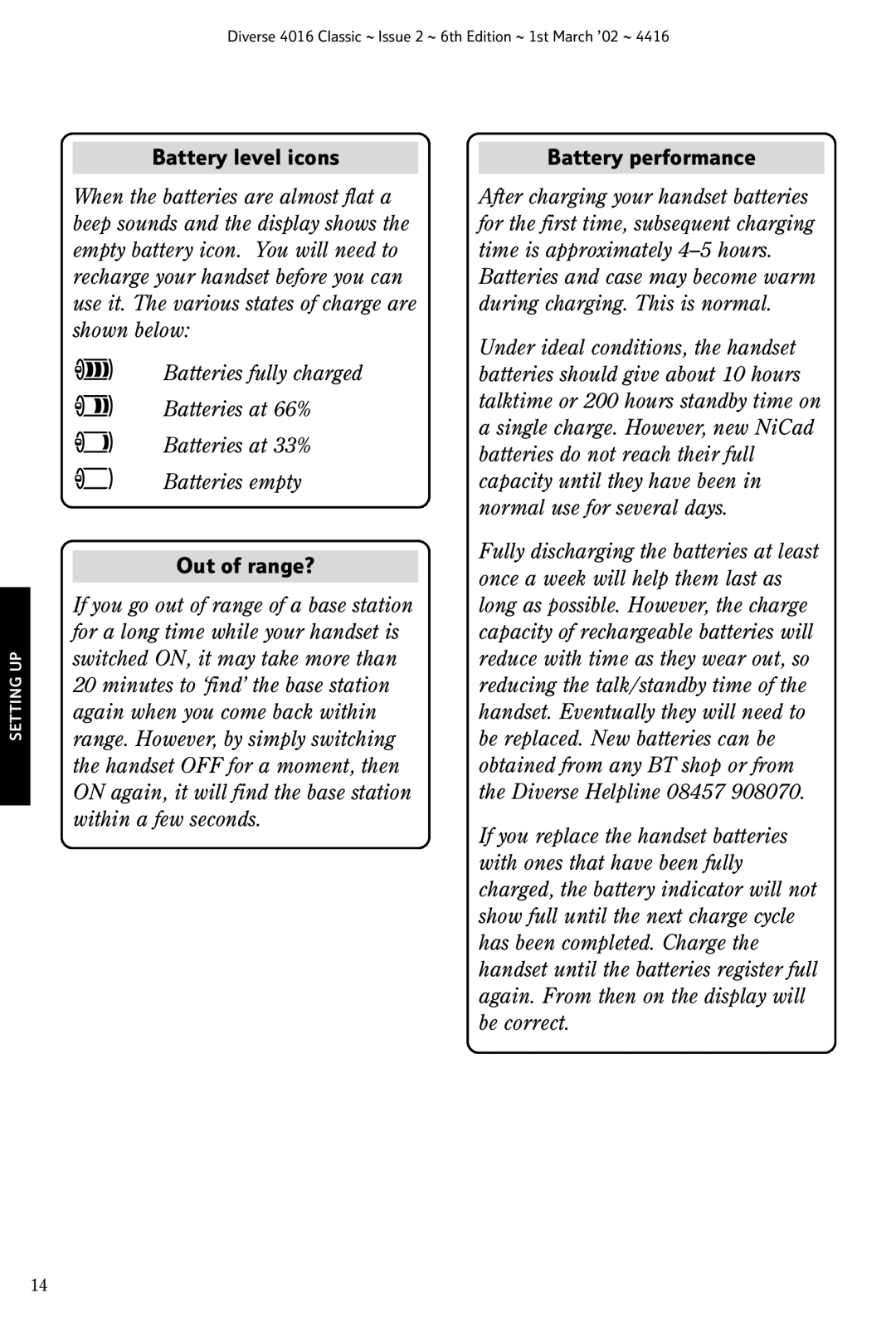 BT 4016 Classic manual Battery level icons, Out of range?, Battery performance 