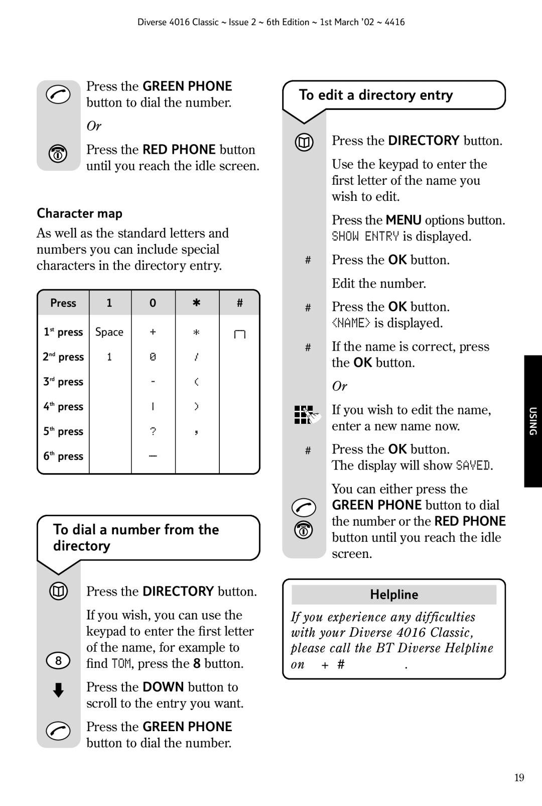 BT 4016 Classic manual To edit a directory entry, To dial a number from the directory, Character map 