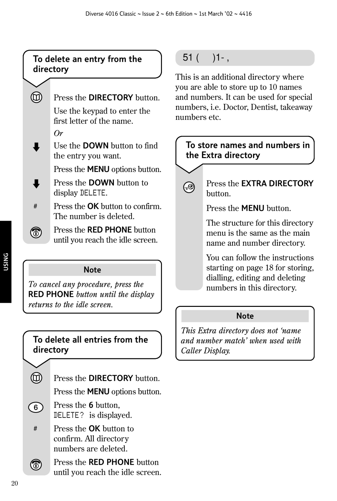 BT 4016 Classic manual Extra directory, To delete an entry from the directory, To delete all entries from the directory 