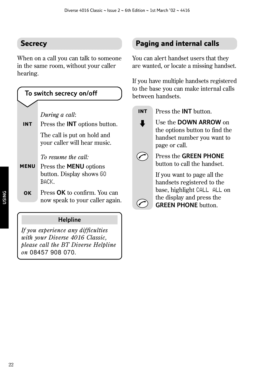 BT 4016 Classic manual Secrecy, Paging and internal calls, To switch secrecy on/off, Back 