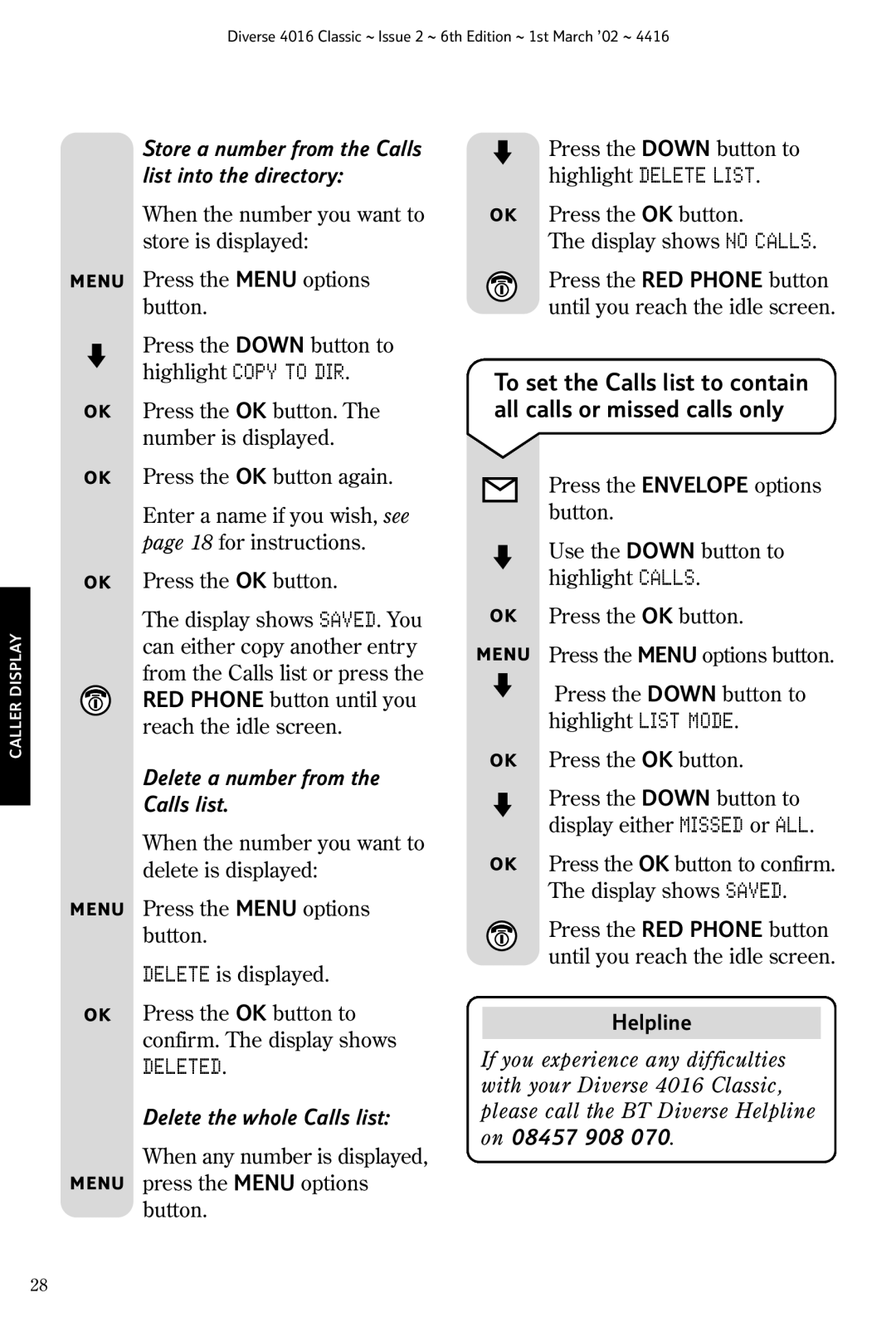 BT 4016 Classic manual Deleted, Store a number from the Calls list into the directory 