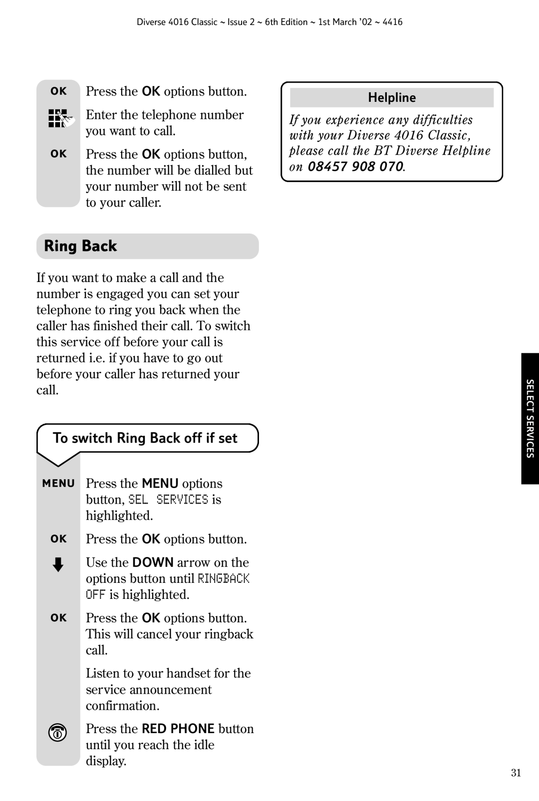 BT 4016 Classic manual To switch Ring Back off if set 