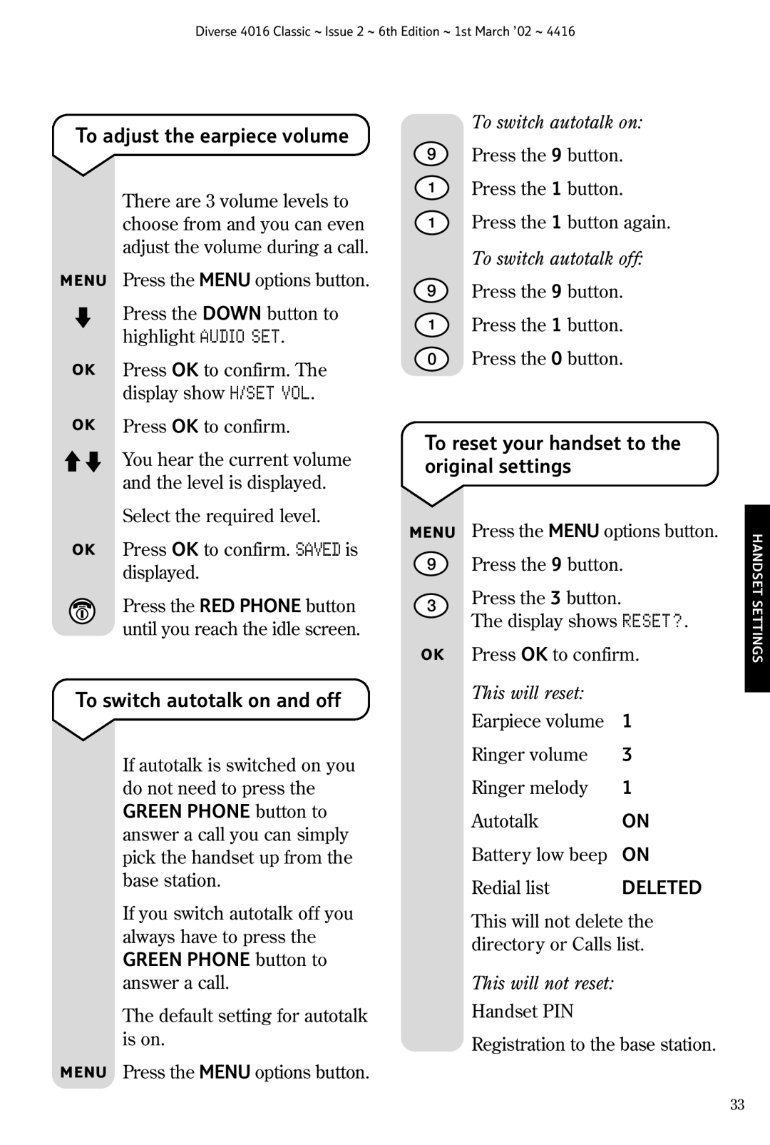 BT 4016 Classic manual To adjust the earpiece volume, To switch autotalk on and off, Reset? 