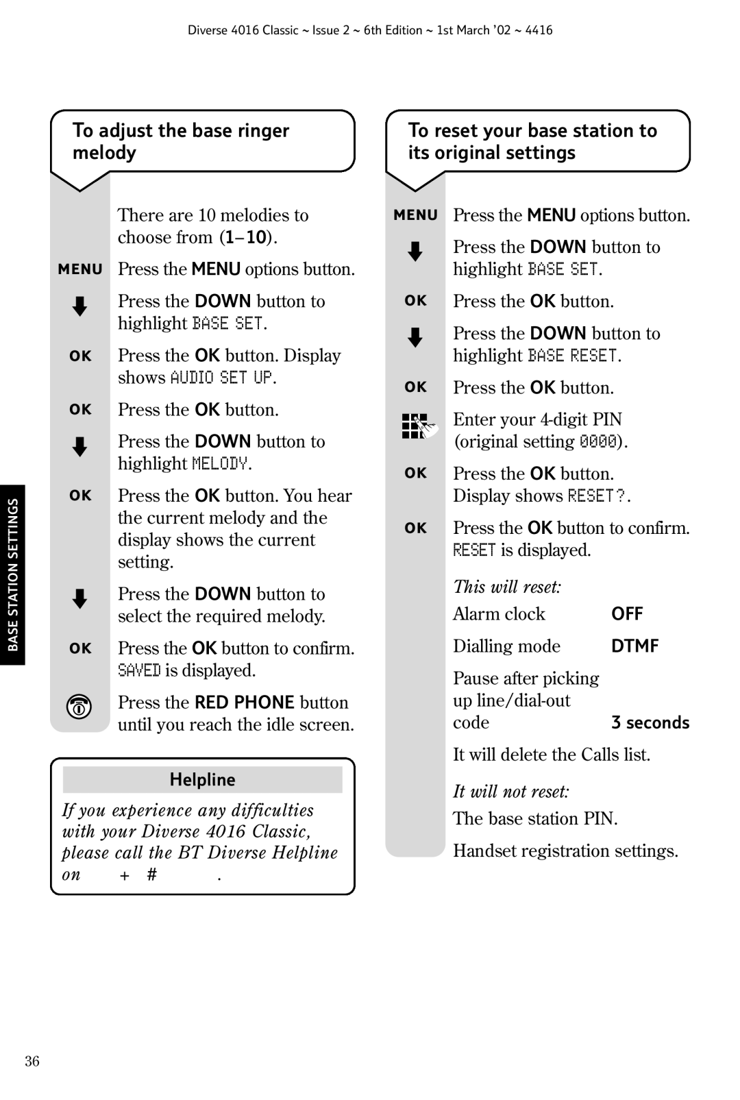 BT 4016 Classic To adjust the base ringer melody, To reset your base station to its original settings, It will not reset 