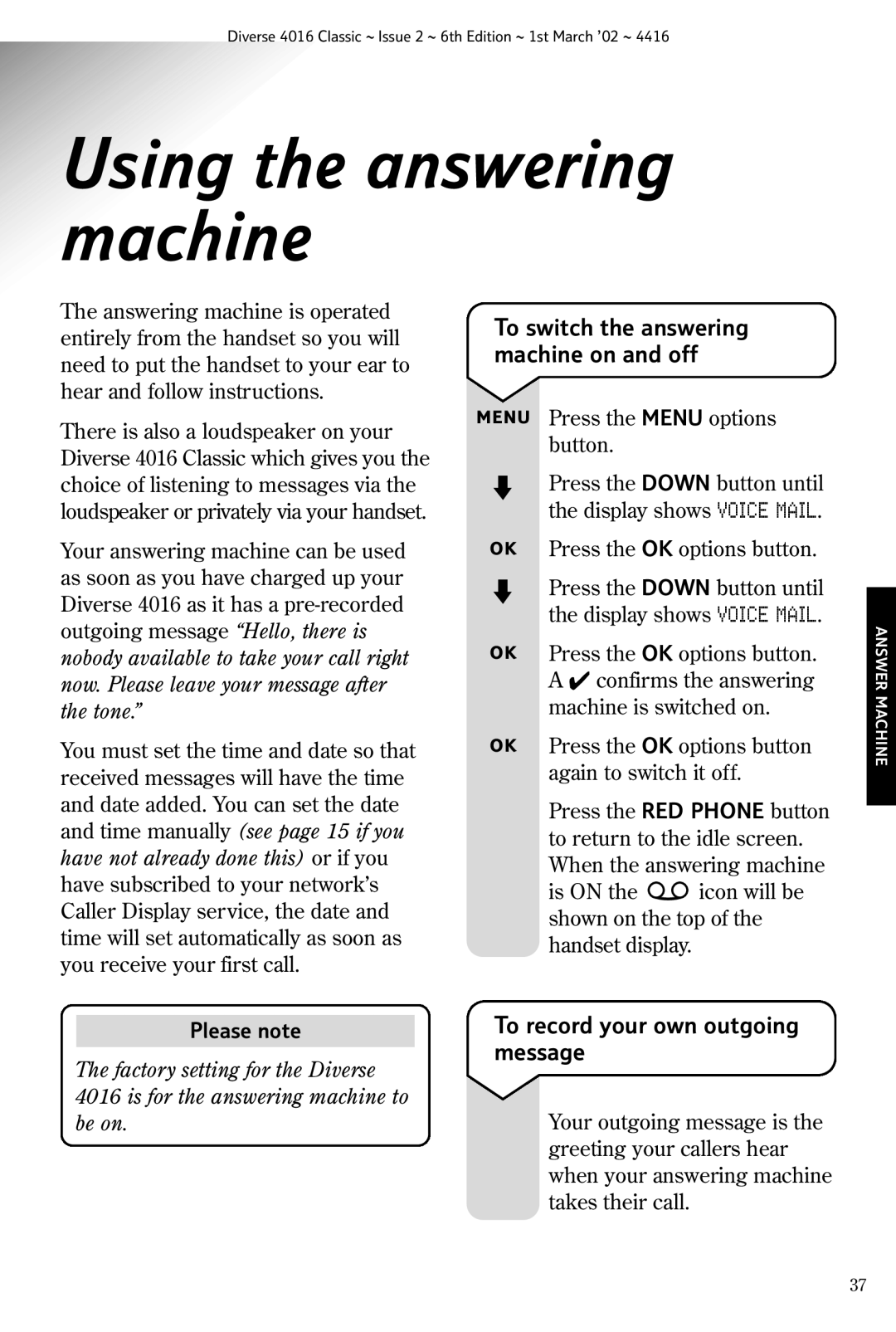 BT 4016 Classic manual To record your own outgoing message, To switch the answering machine on and off 