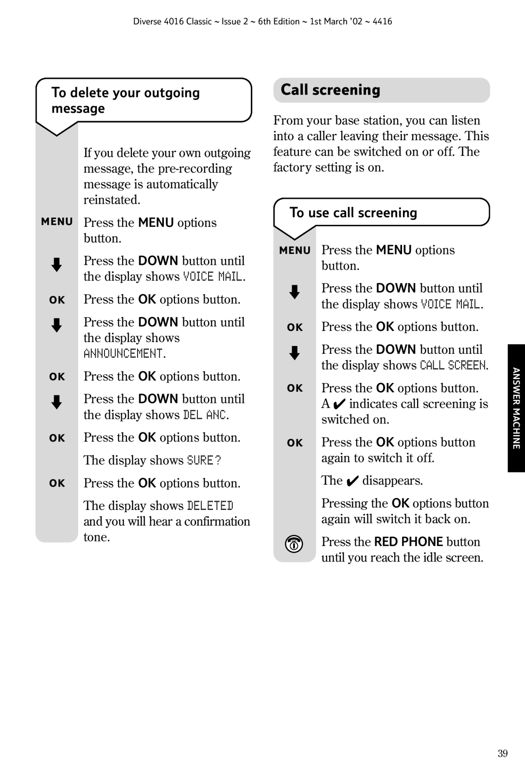 BT 4016 Classic manual Call screening, To delete your outgoing message, To use call screening 