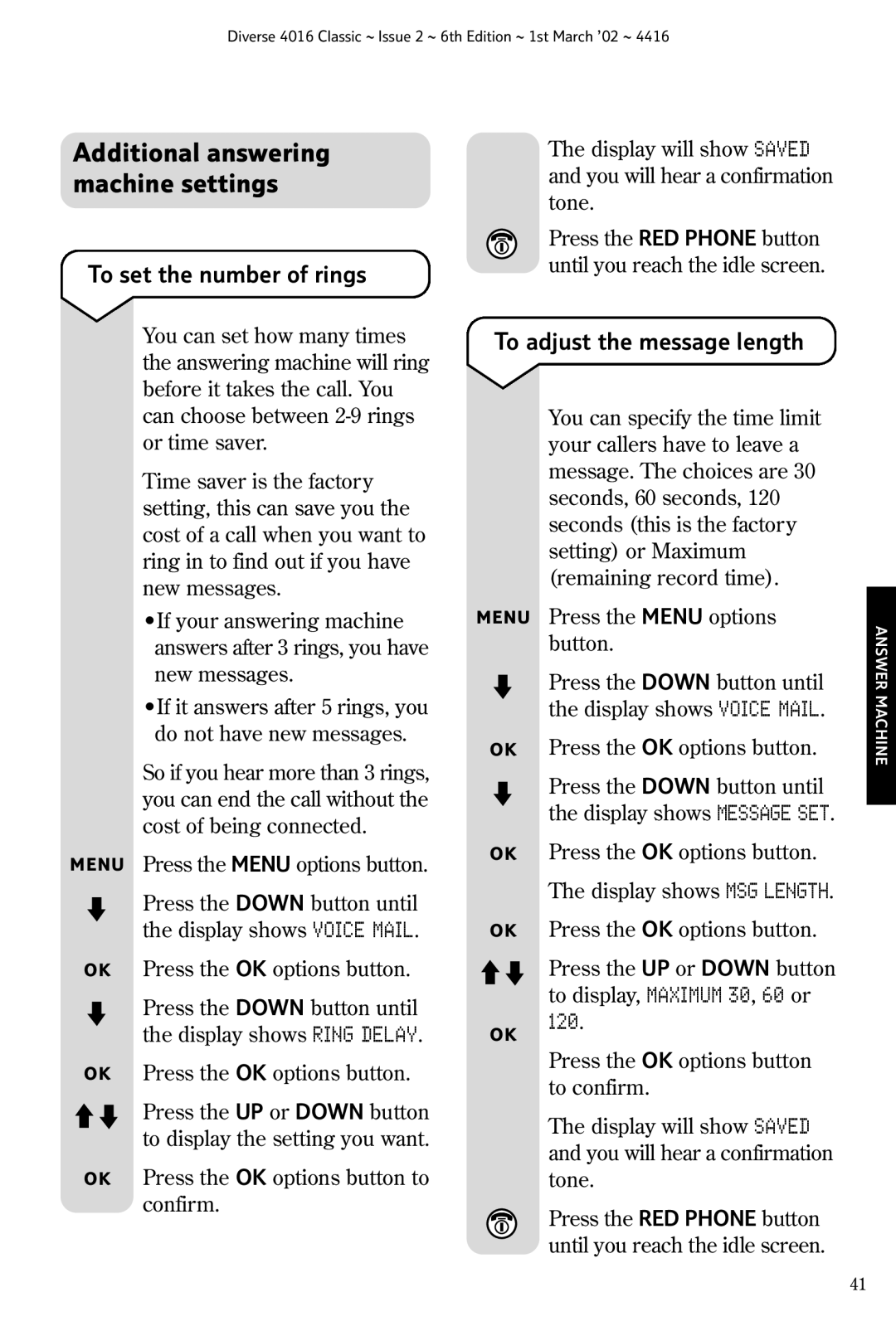 BT 4016 Classic manual Additional answering machine settings, To set the number of rings, To adjust the message length 
