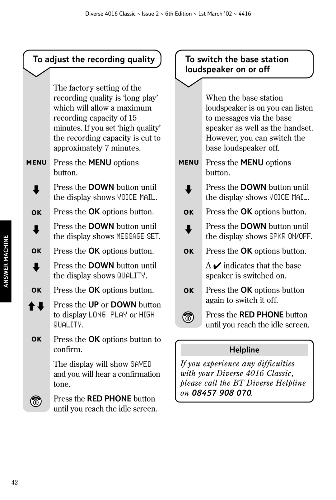 BT 4016 Classic manual To adjust the recording quality, Quality, To switch the base station loudspeaker on or off 