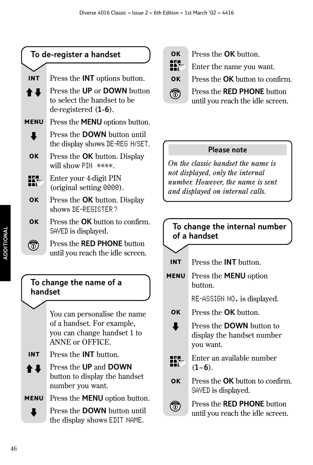 BT 4016 Classic To de-register a handset, To change the name of a handset, To change the internal number of a handset 