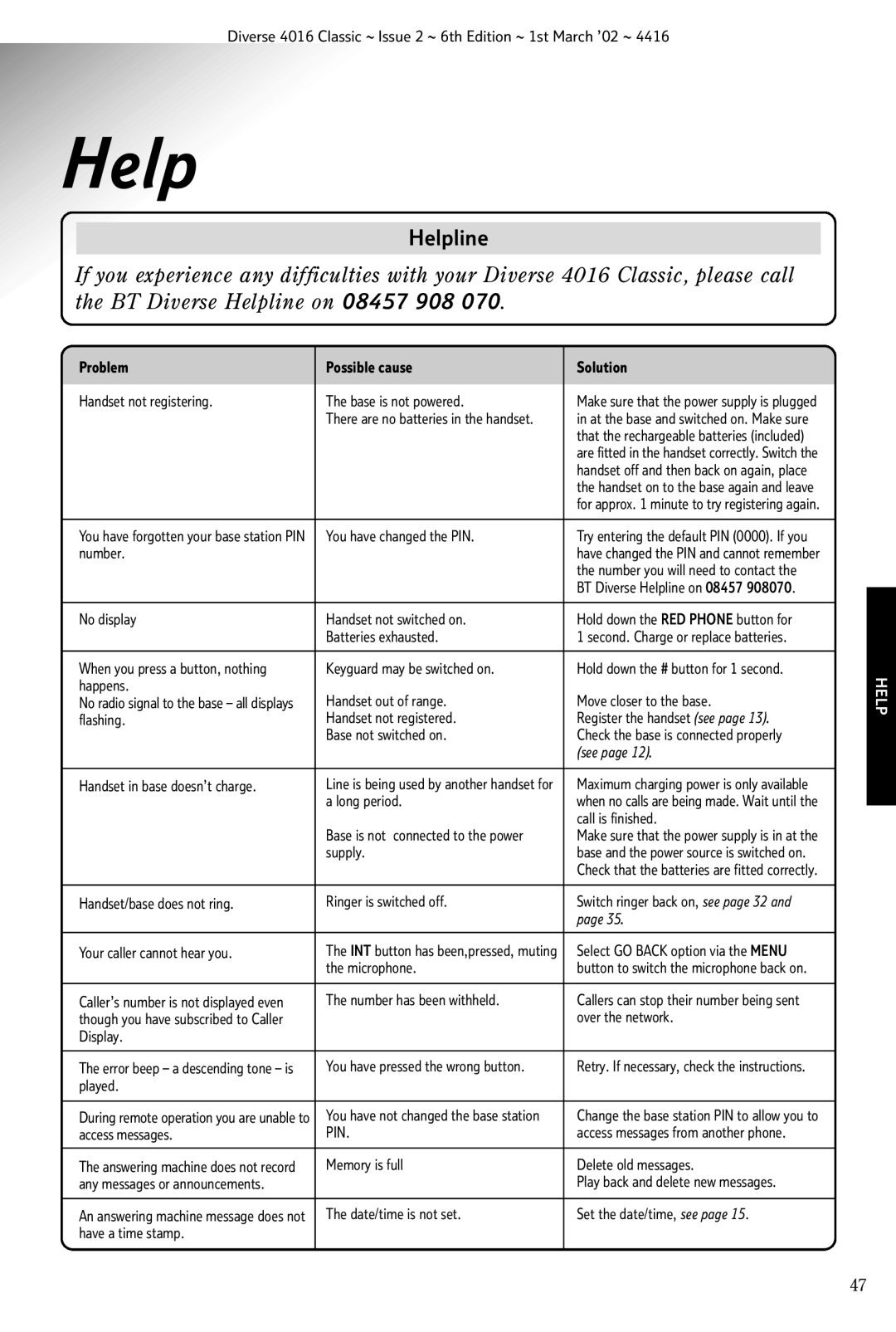 BT 4016 Classic manual Help, Number 