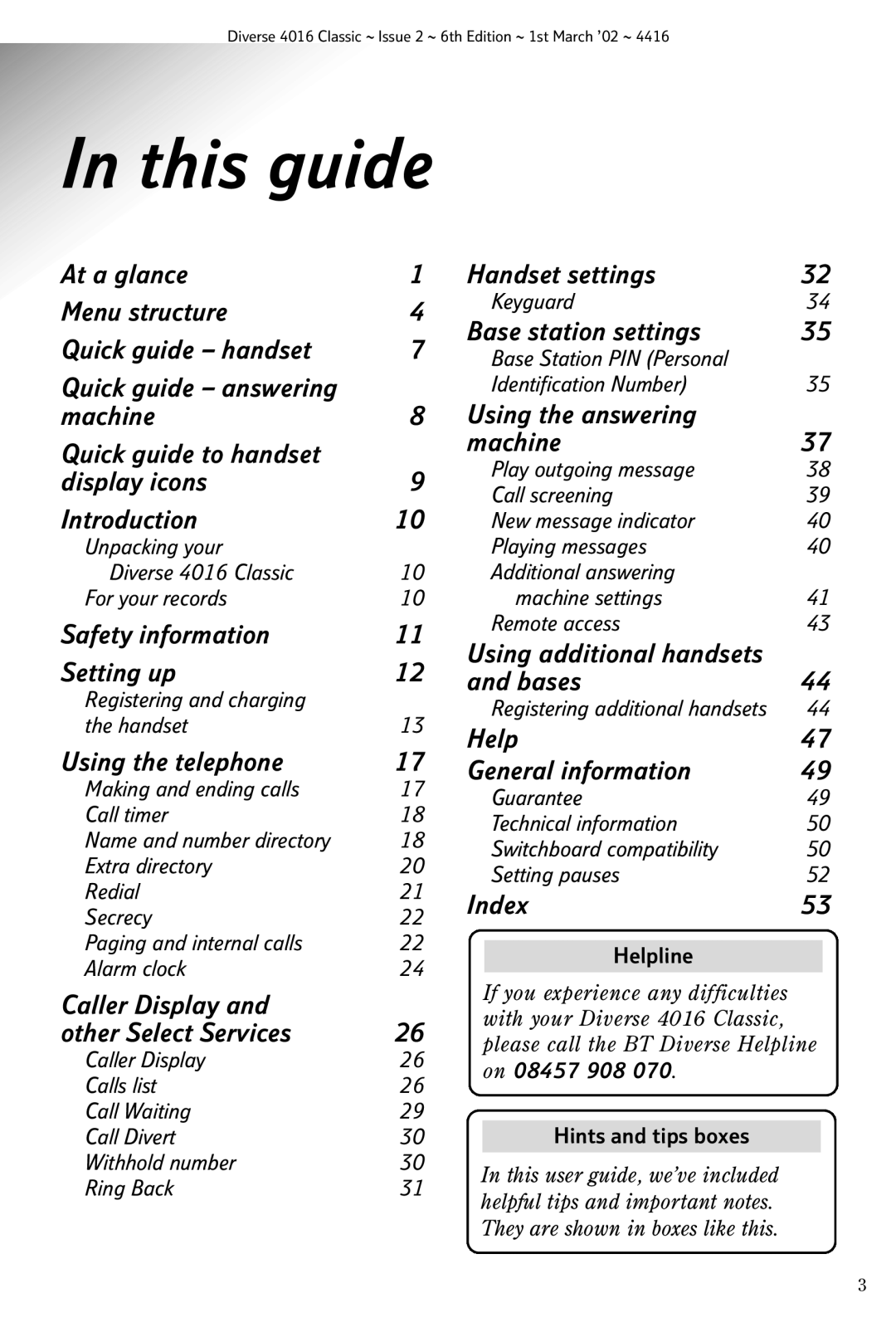 BT 4016 Classic manual This guide, Helpline, Hints and tips boxes 