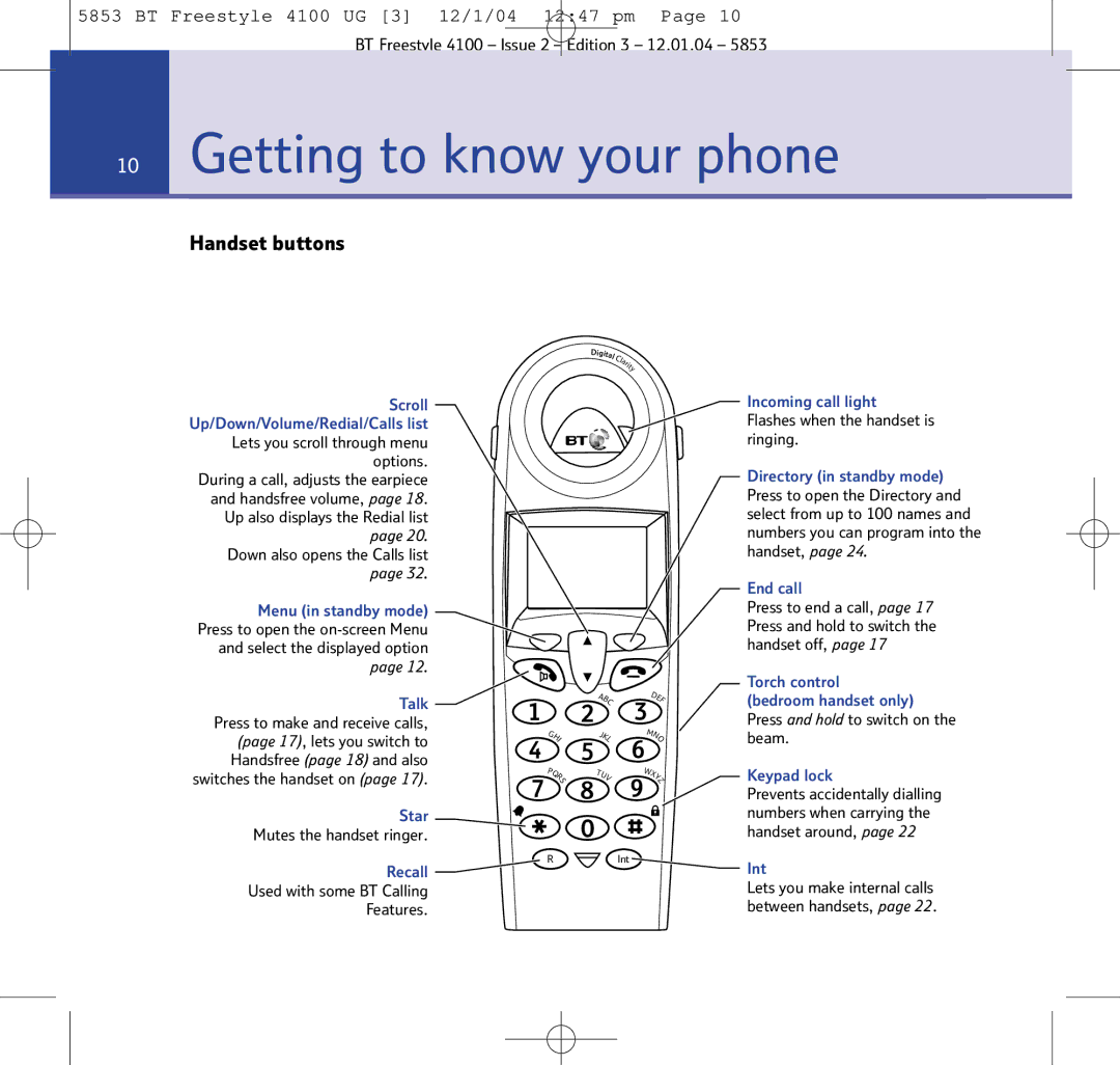 BT 4100 SMS manual Getting to know your phone, Handset buttons 