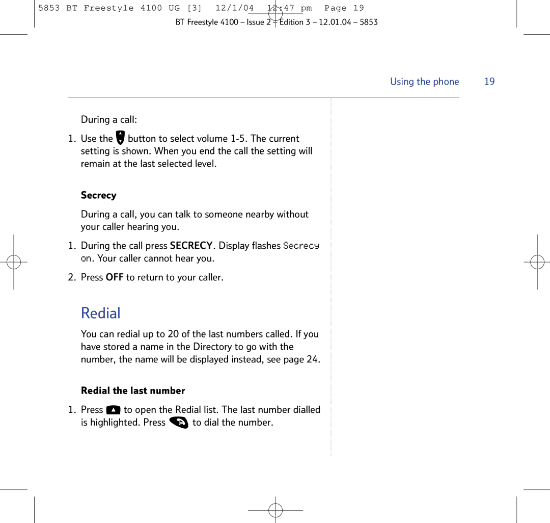 BT 4100 SMS manual Redial 