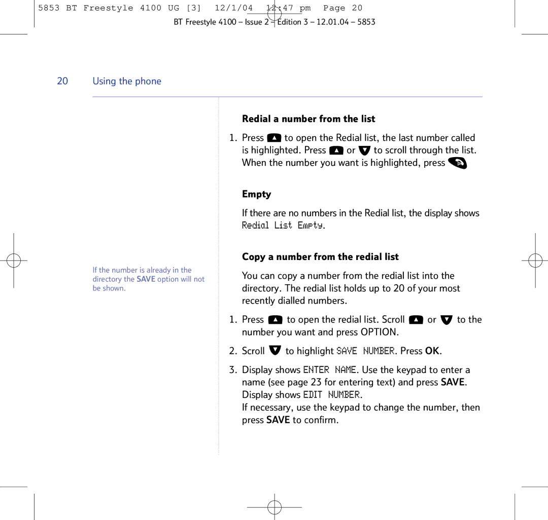 BT 4100 SMS manual Redial List Empty, Redial a number from the list 