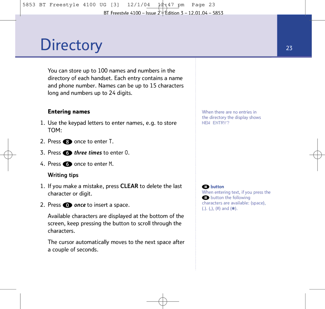 BT 4100 SMS manual Directory23 